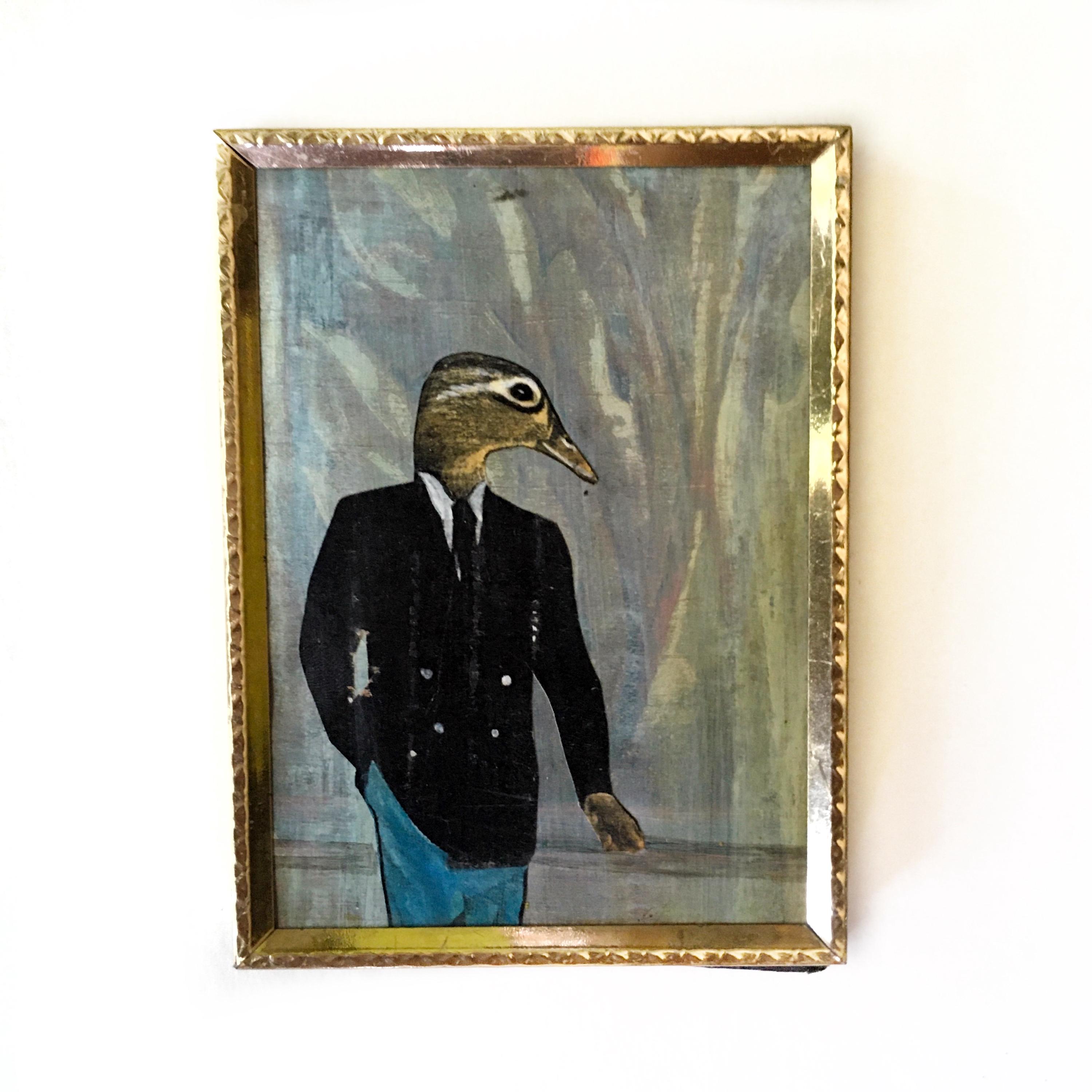 Mini Duck Painting, Vintage Inspired Mixed Media Art, Collage Wall Painting, Original Acrylic Artwork, Weird Animal Lover Gift for Vet