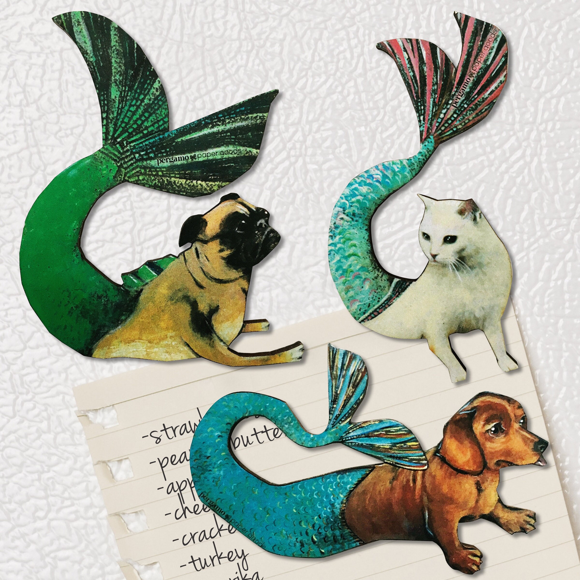 Mermaid Magnet Set - Pug + Dachshund + Cat Magnets, Back to School Locker, Illustrated Wood Magnet, Vintage Kitchen Gifts, Weird Gift Set - Thumbnail 2