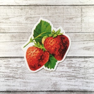 May include: A sticker depicting two red strawberries with green leaves and stems. The strawberries have small seeds, and the leaves are a deep green. The sticker is set against a white background with a wood grain effect.