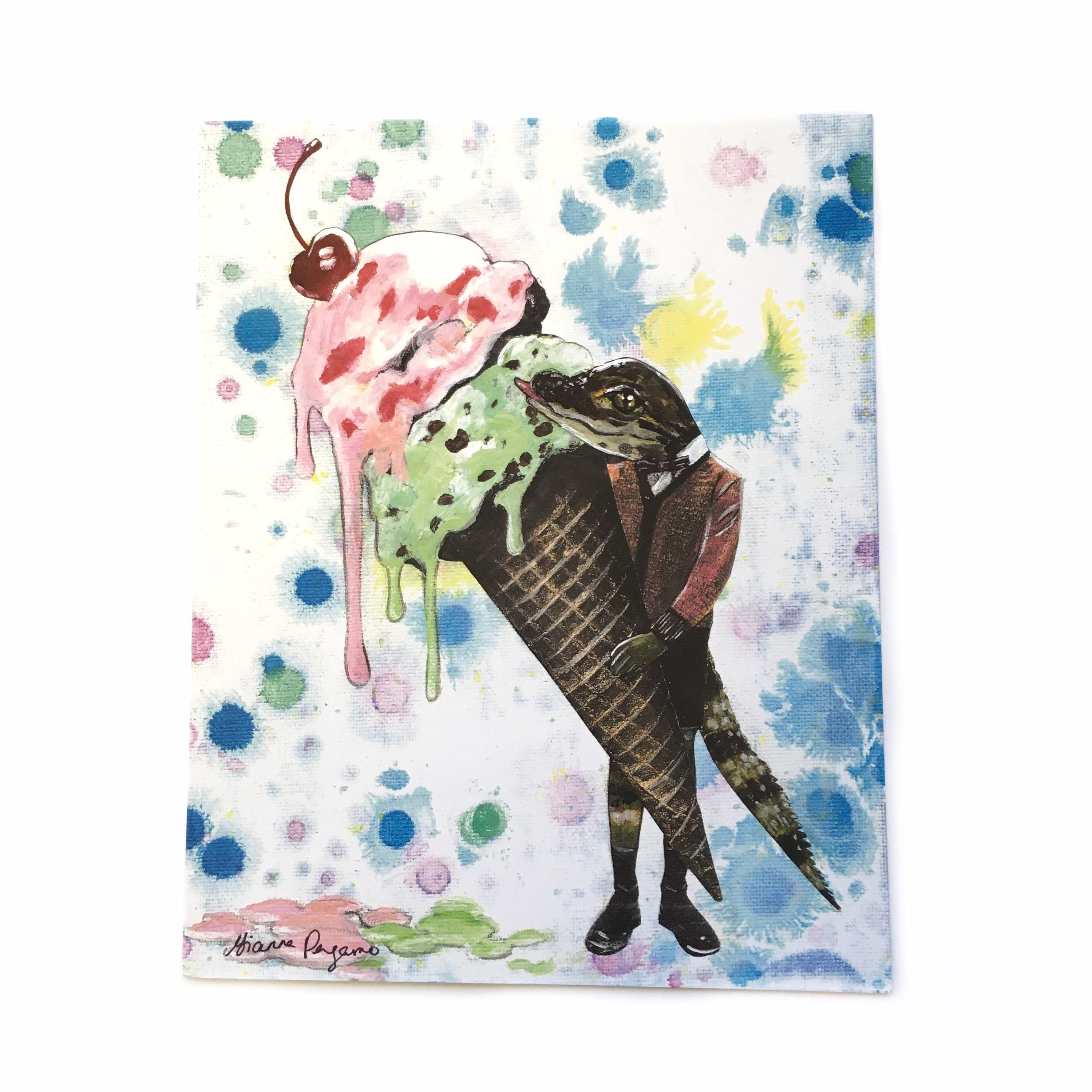 Alligator Weird Art Print, 8x10 Retro Wall Decor, Ice Cream Shop, Dessert Sweets Surreal Vintage Florida Gators, Weird Art Kitsch Animal - Thumbnail 2
