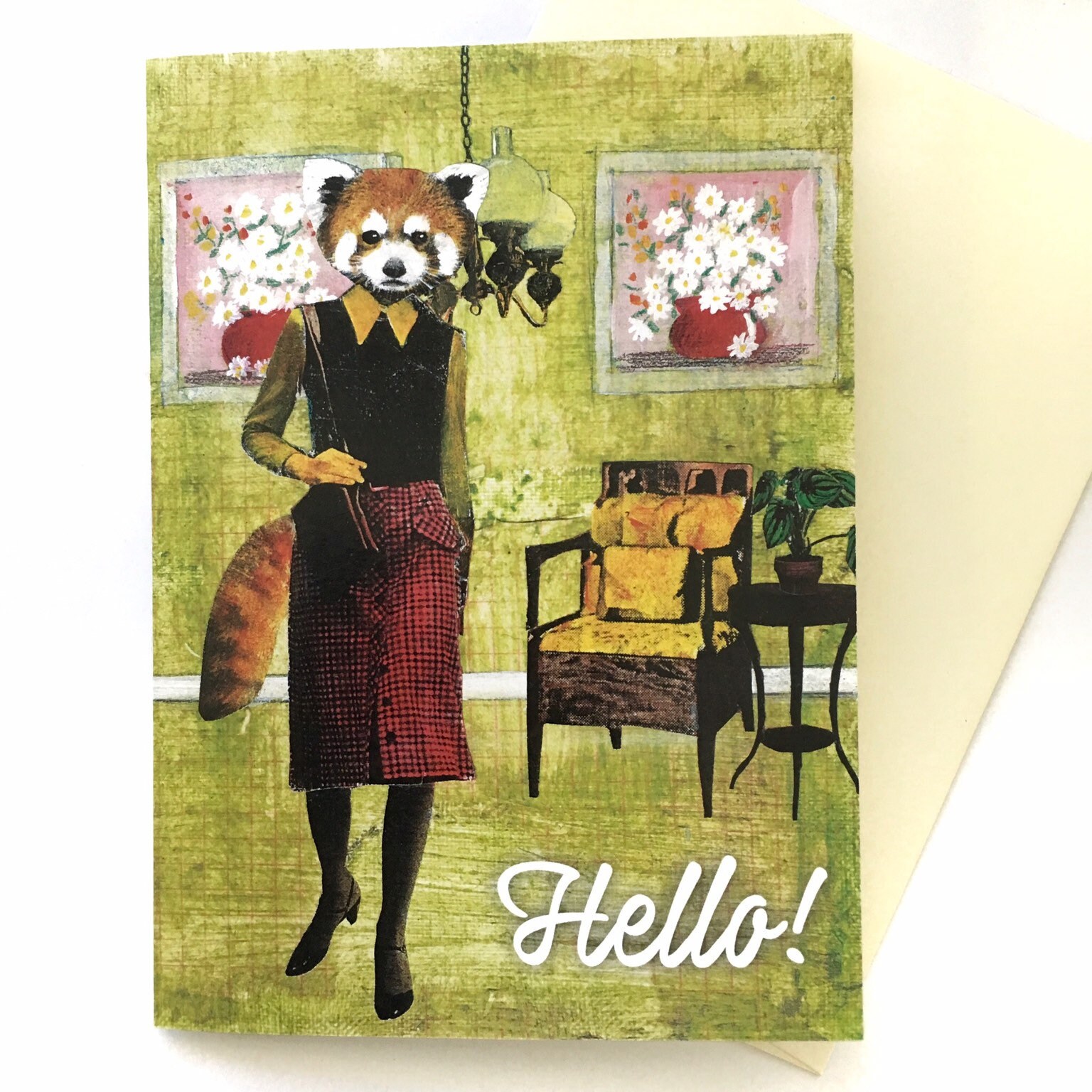 Red Panda Card, Friend Cards, Friendship Gift, Vintage Stationery, Penpal, Snail Mail, Hello Animal Card Weird Surreal, Collage Illustration - Thumbnail 3