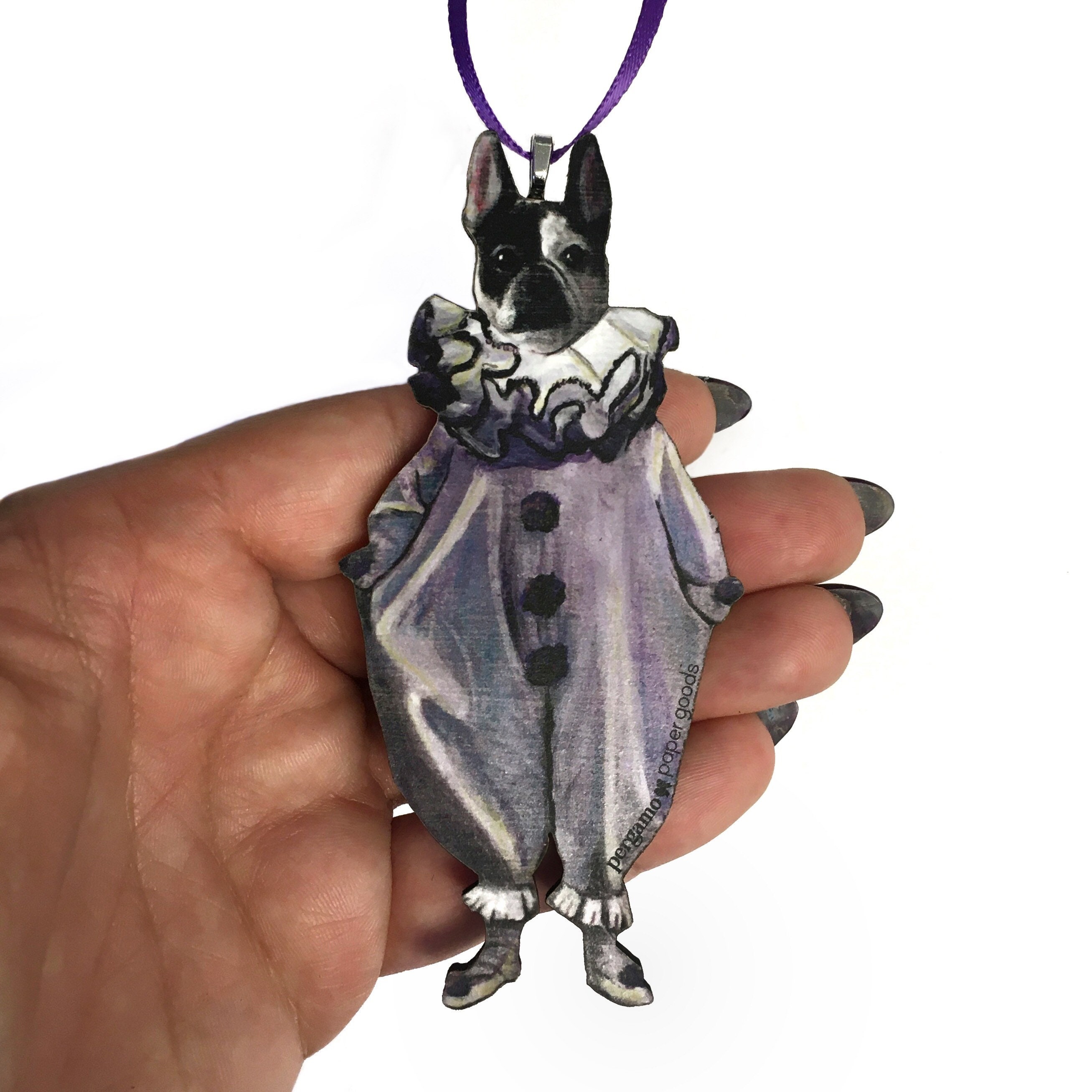 Frenchie Ornament, French Bulldog Holiday Laser Ornaments, Dog Rescue, Animal Lover Weird Christmas Decoration, Vintage Clown Pierrot - Thumbnail 2