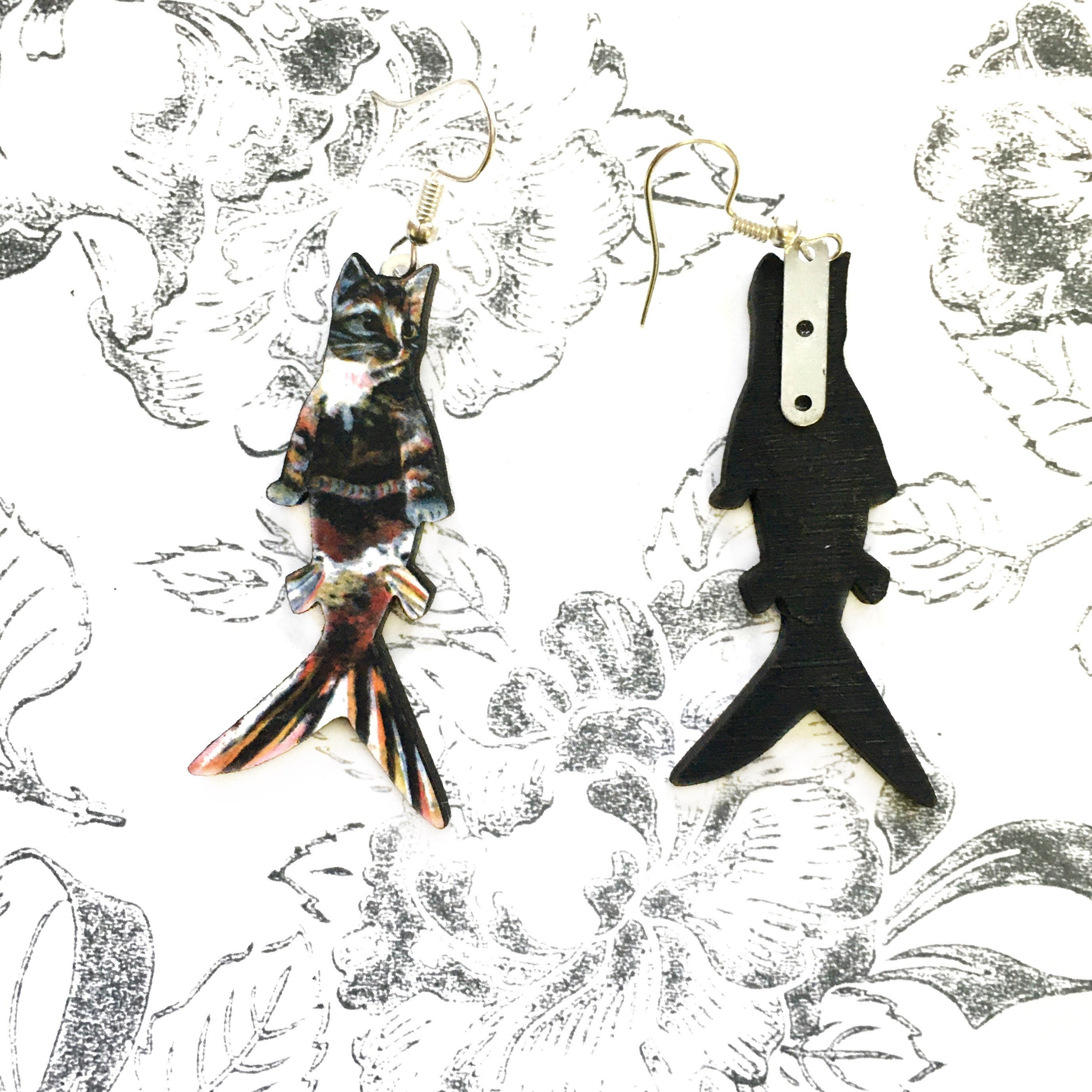 Orange Cat Earrings, Mermaid Cat Jewelry, Catfish Weird Kitsch Earrings, Stainless Steel Dangle Earrings, Illustrated Retro Calico Cat Art - Thumbnail 2