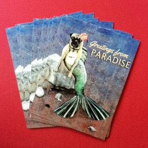 Meerjungfrau Mops Postkarten - Set von 8, Hunde Grüße aus dem Paradies Fantasy Vintage inspirierte Grüße, Retro Urlaub Postkarten Set, Tierrettung