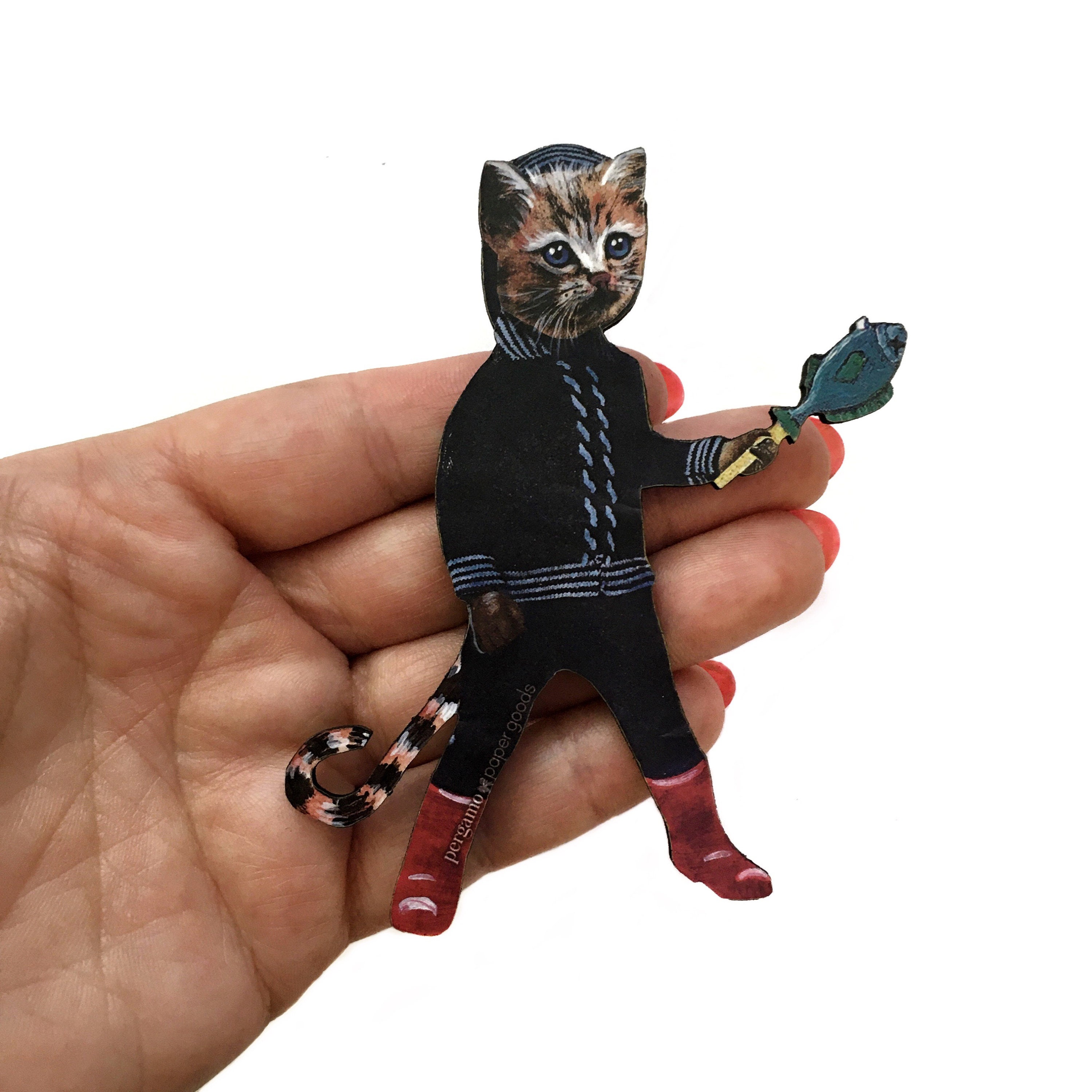 Calico Cat Magnet, Weird Cat Sailor Animal Refrigerator Magnets Fridge, Laser Cut Wood, Illustrated Gift Vintage, Animal Rescue, Fishing