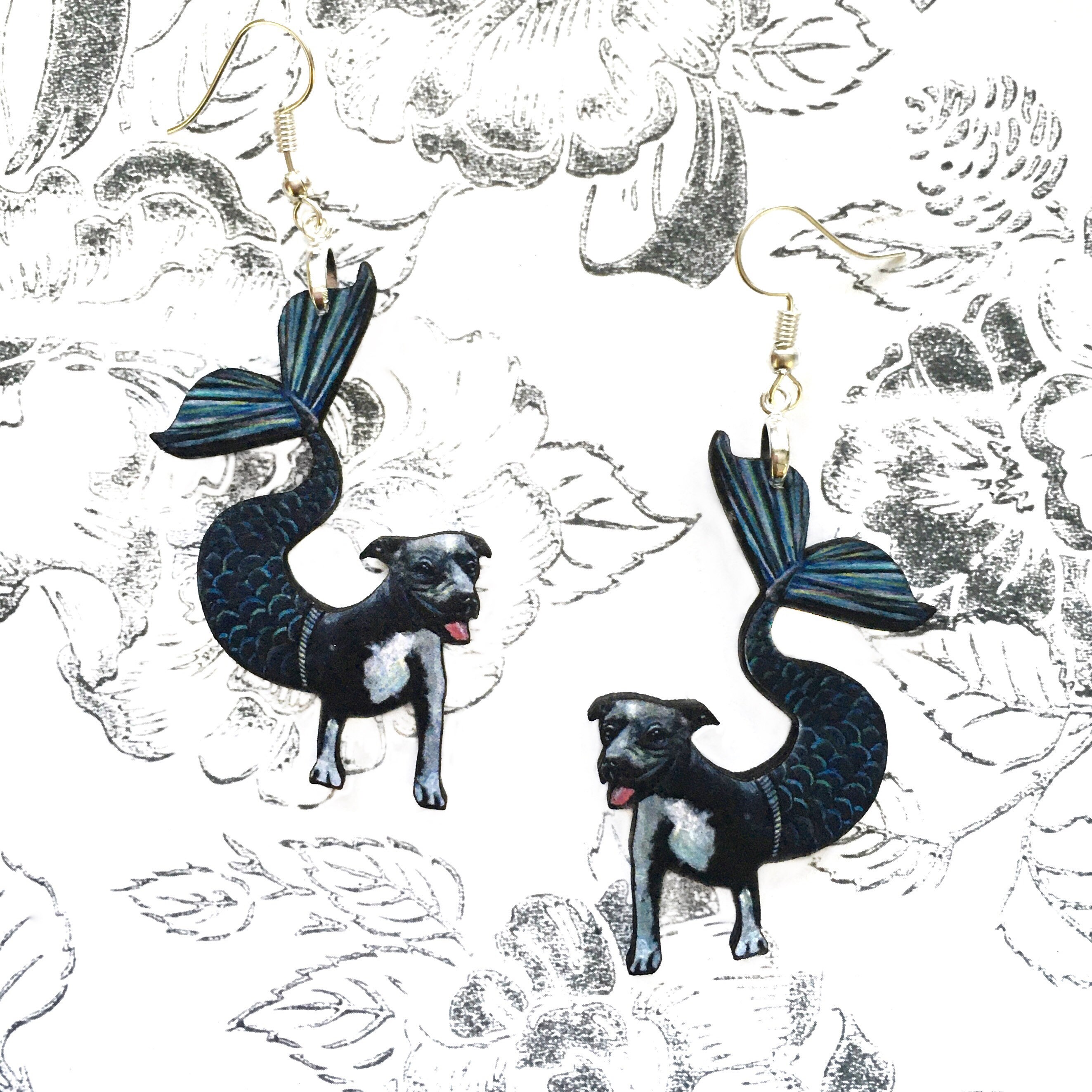 Pitbull Earrings, Mermaid Dog Jewelry, Weird Earrings, Kitsch Earrings, Stainless Steel Dangle Earrings, Blue Pitbull Mom Gift - Thumbnail 2