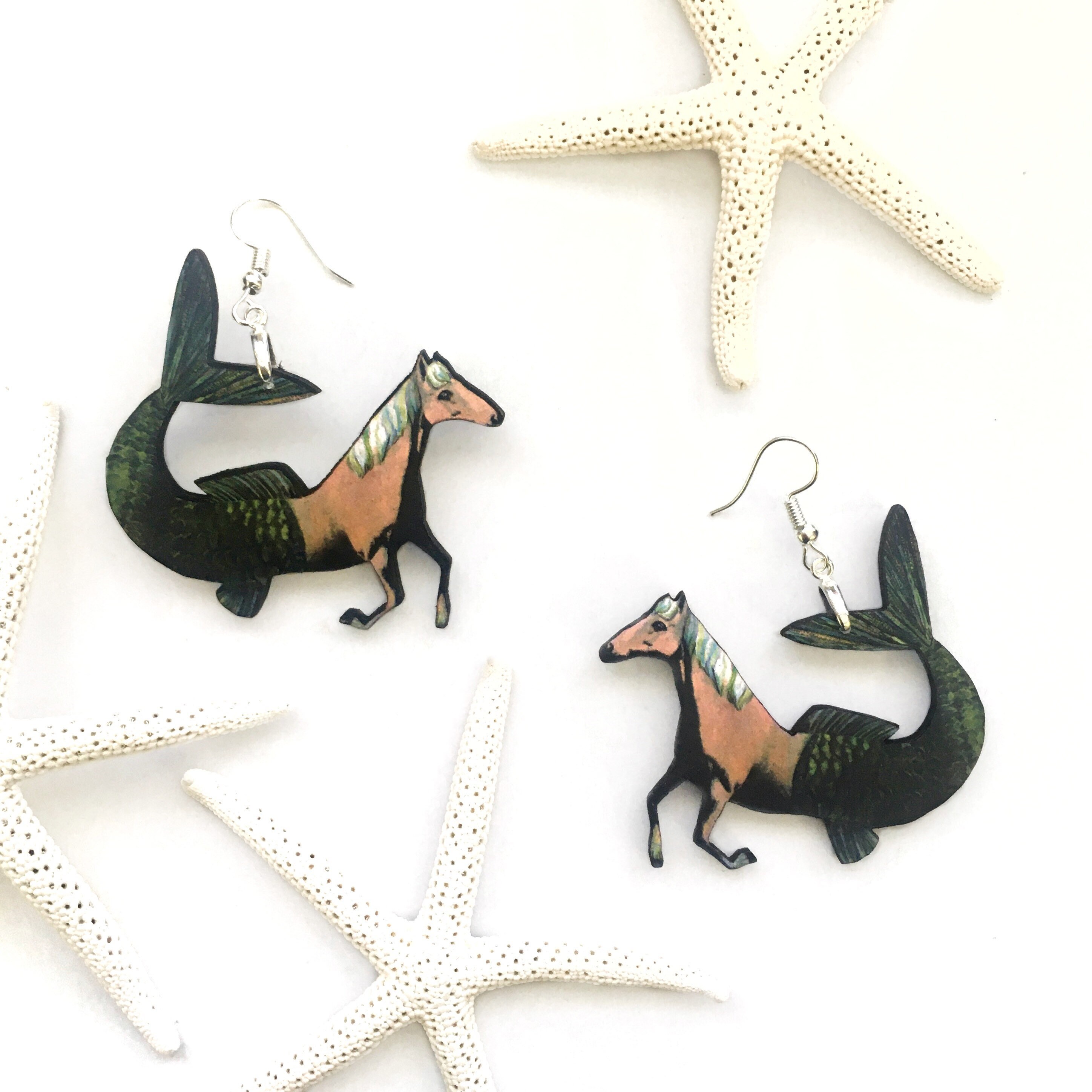 Fantasy Horse Earrings, Mermaid Horse Jewelry, Weird Earrings, Kitsch Clip On Earrings, Surreal Illustrated Retro Art, Vintage Horse Girl