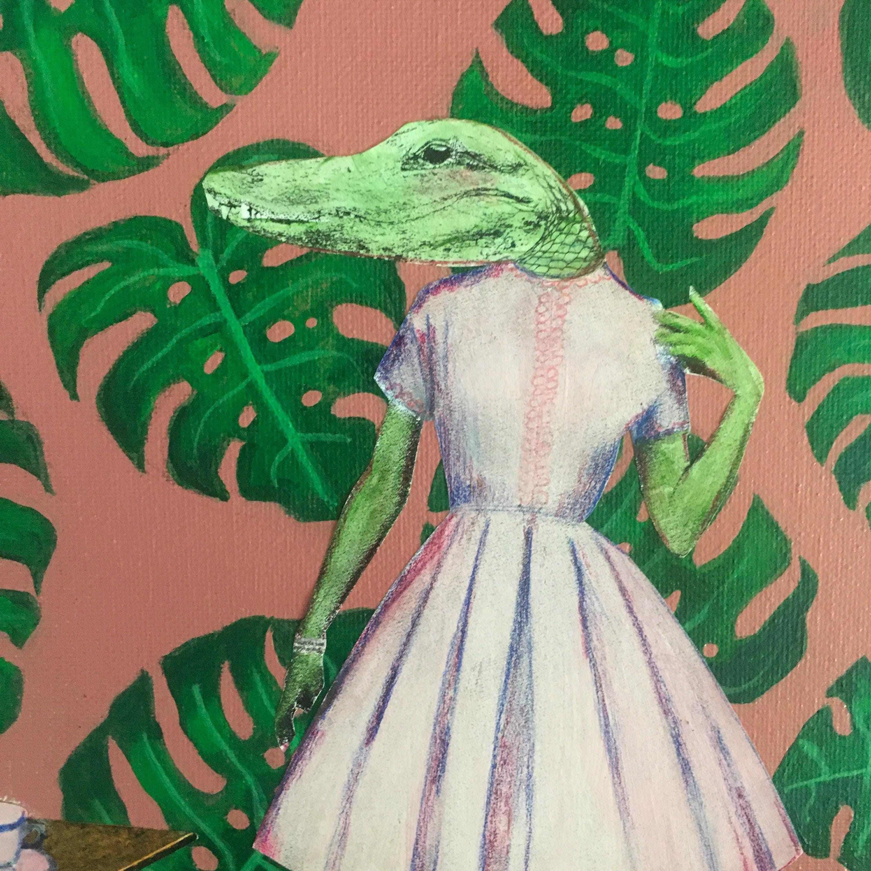 Alligator Painting, Original Animal Gift, Collage Wall Art, Mixed Media Animal Art, Vintage Tea Set, Weird Art on Canvas, Children’s Room - Thumbnail 2
