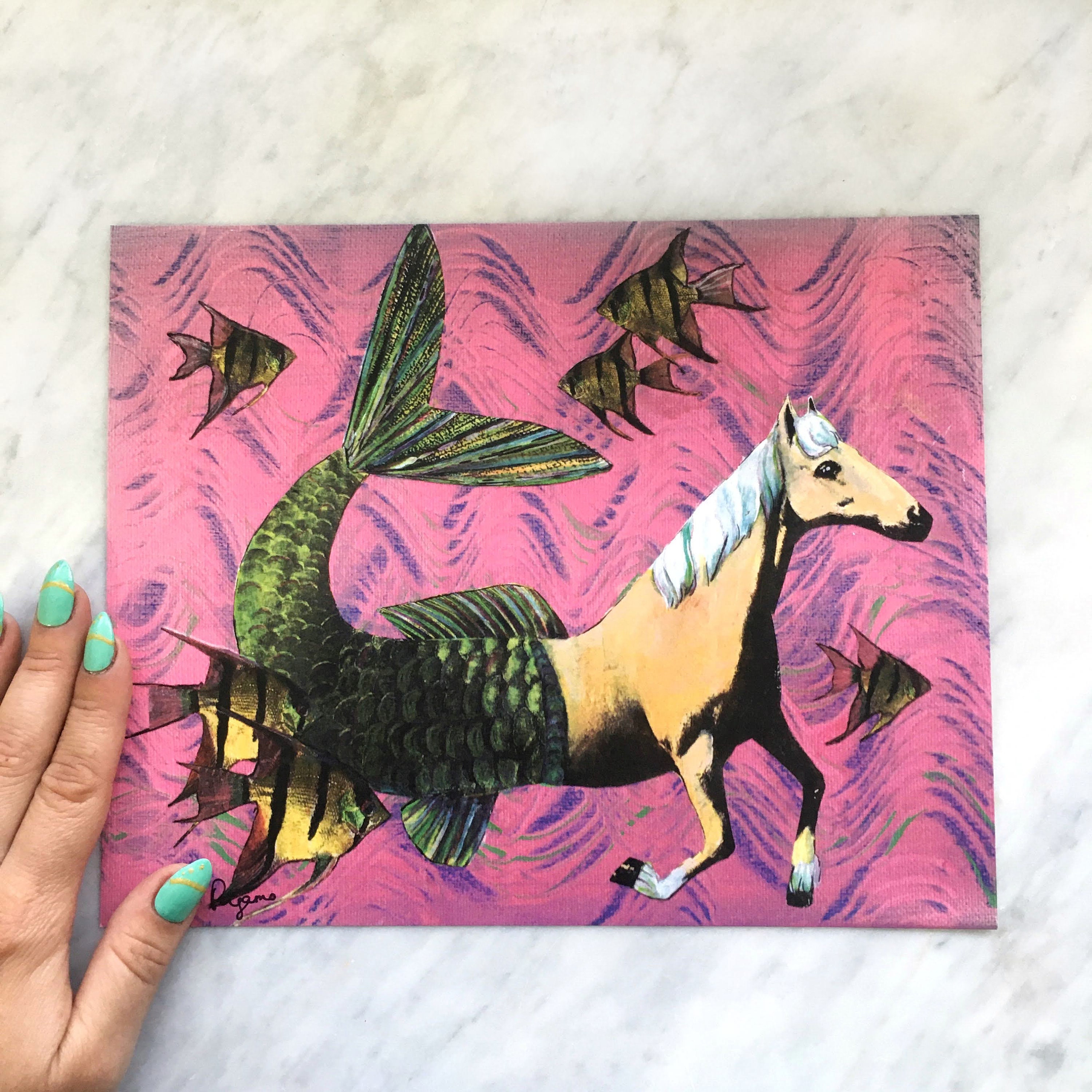 Horse Art Print, 8"x10" Mermaid Horse, Fantasy Art, Bathroom Art, Pegasus Decor, Weird Horse Gifts, Horse Decor, Horse Painting on Canvas - Thumbnail 2