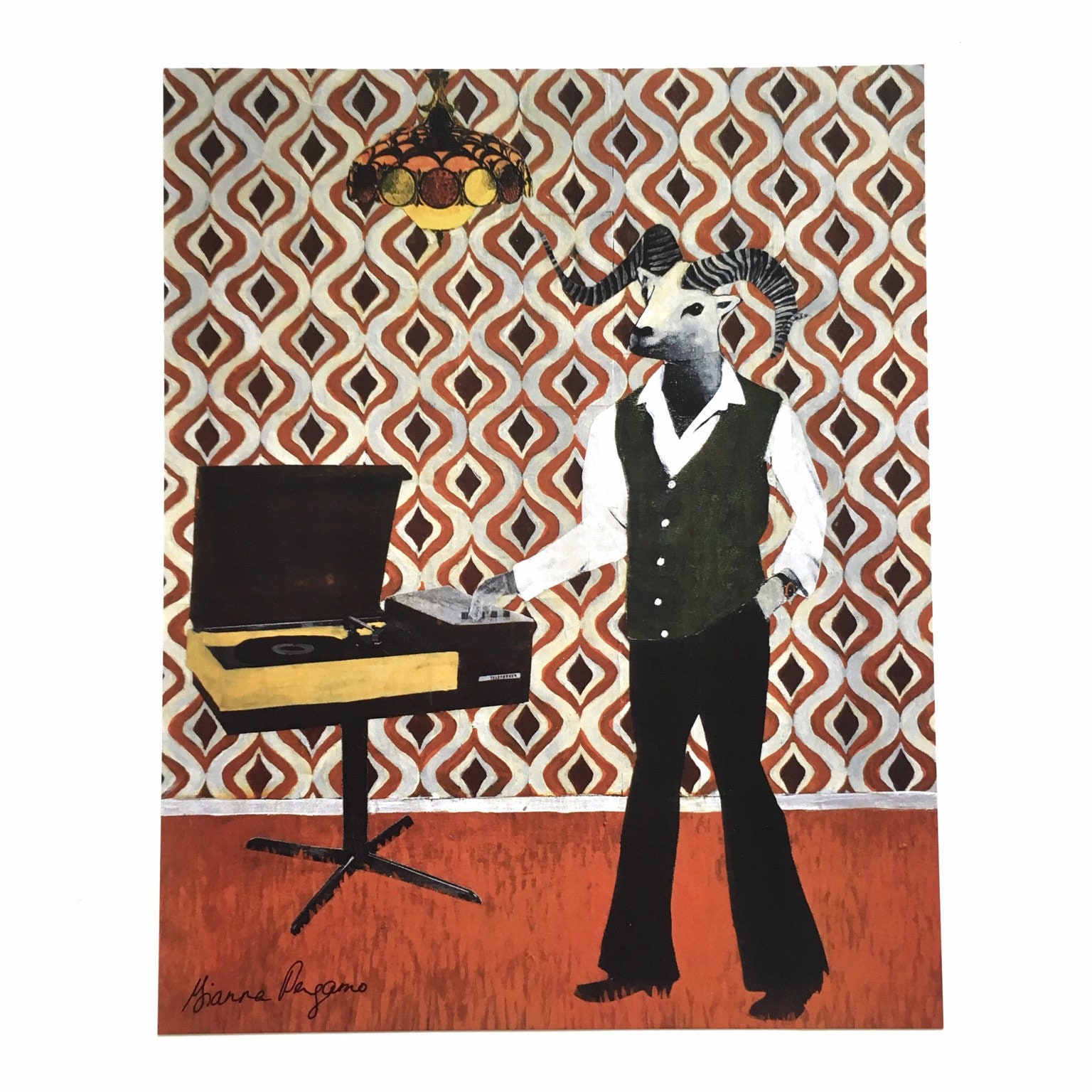 Weird Art, Retro 70s Sheep Animal Art Print, 8x10" Surreal Illustration, Cool Bathroom Decor, Record Player, Bar Gift Vintage Gifts for Dad - Thumbnail 4