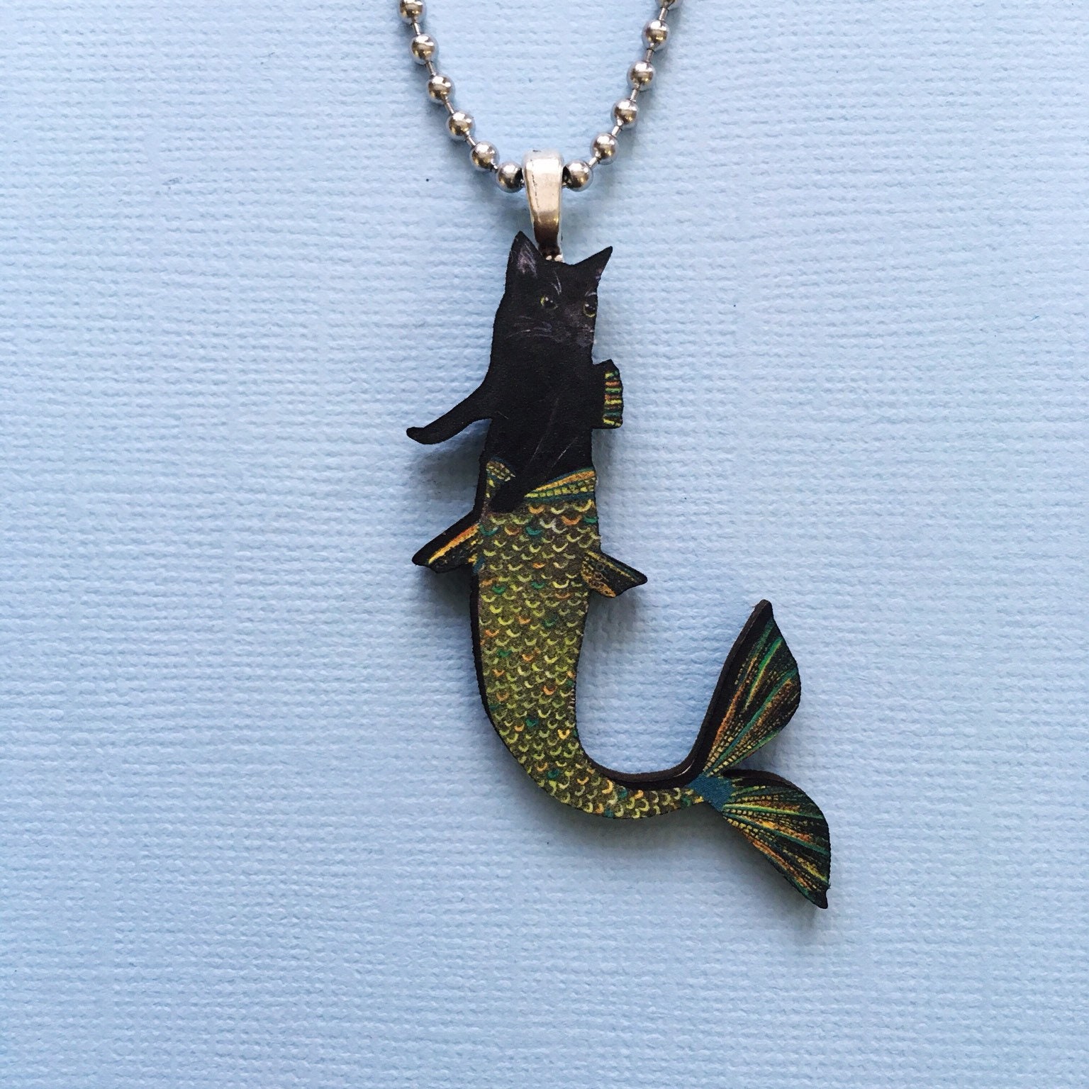 Black Cat Necklace, Mermaid Cat Jewelry, Spooky Halloween Necklace, Laser Cut Wood Dangle Earrings, Illustrated Retro Cat Wood Jewelry - Thumbnail 3