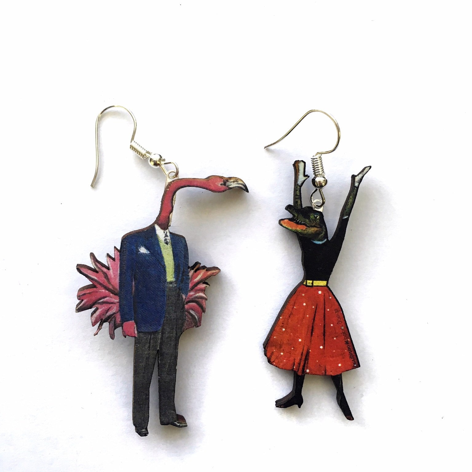 Florida Earrings, Alligator Flamingo Earrings, Laser Cut Wood Tropical Animal Jewelry, Mismatched Weird  Animals, Wholesale Jewelry, Miami - Thumbnail 2