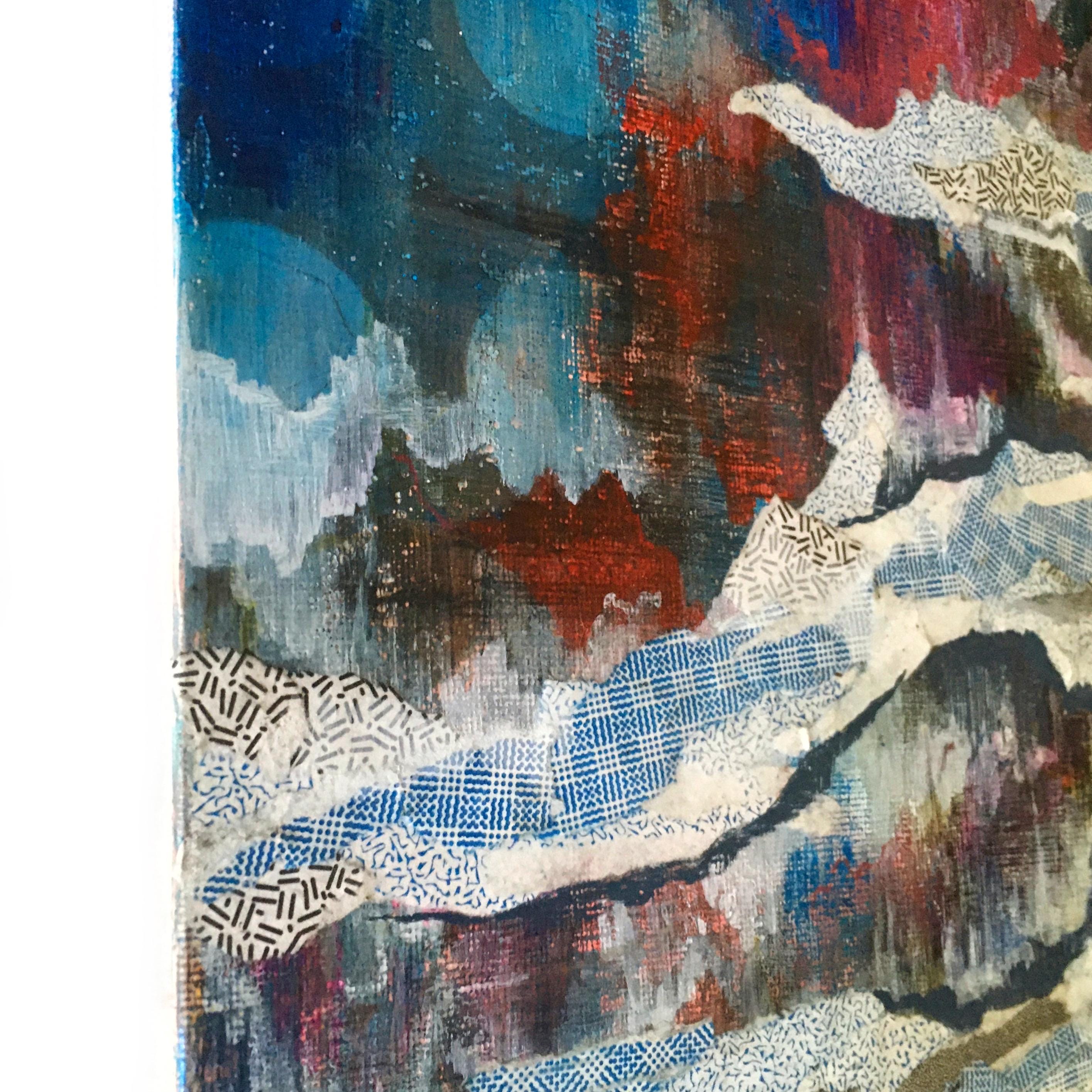 Clouds Abstract Art, Mountain Landscape Cave Inspired Colorful Mixed Media Art, Collage Wall Painting, Original Acrylic Wall Art Red - Thumbnail 2