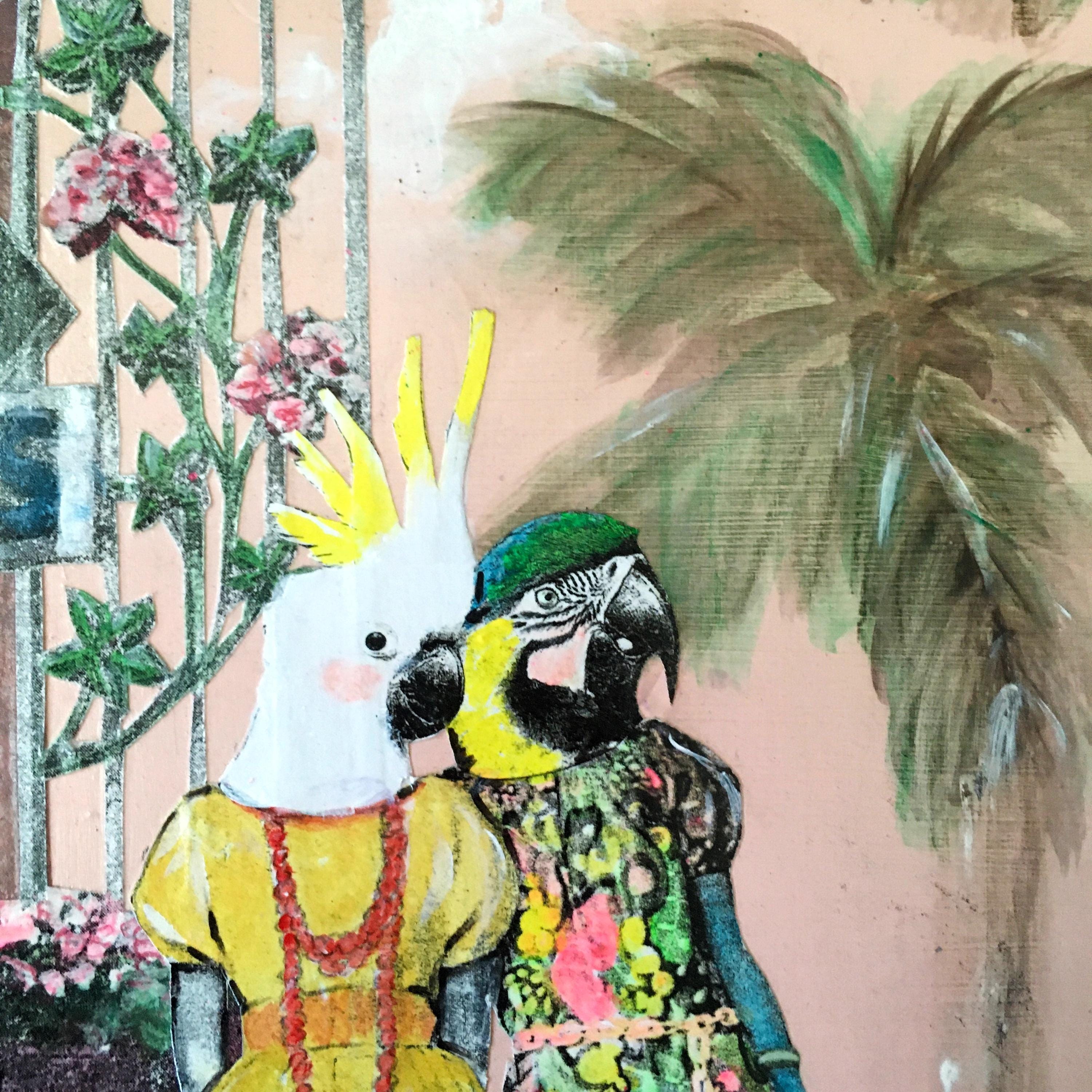Florida Birds Painting, Sunken Gardens Retro Inspired Mixed Media Art, Collage Wall Painting, Original Acrylic Wall Art, Weird Animal Gift - Thumbnail 3