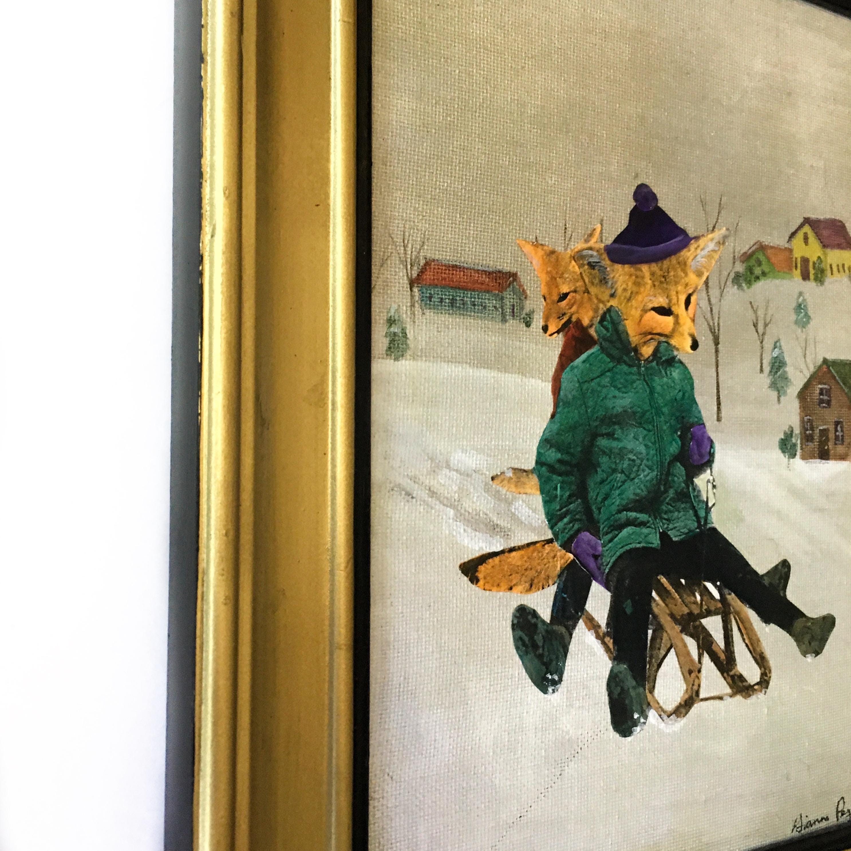 Sled Foxes Art, Vintage Animal Mixed Media Painting, Strange and Unusual Collage, Kitschy Cute Inspired Wall Art, Kitsch Winter Sledding - Thumbnail 2