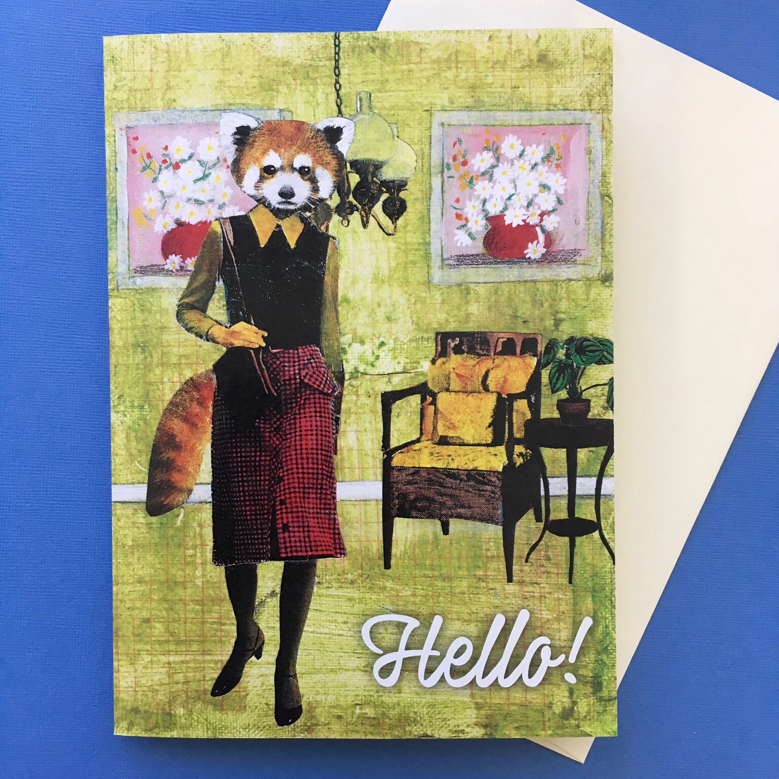 Red Panda Card, Friend Cards, Friendship Gift, Vintage Stationery, Penpal, Snail Mail, Hello Animal Card Weird Surreal, Collage Illustration - Thumbnail 2