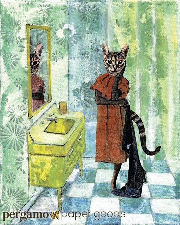 Retro Cat Art Print, 8x10 Cat Wall Art, Kitty Decor for Animal Lovers, Cat Lover, Bathroom Decor, Weird Vintage Mixed Media Collage Funny - Thumbnail 2
