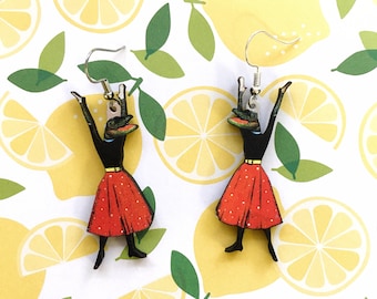 Alligator Earrings, Weird Lightweight Wood Florida Jewelry, Surgical Steel Dangle Clip On Illustrated Dressed Up Crocodile Animal Tampa FL