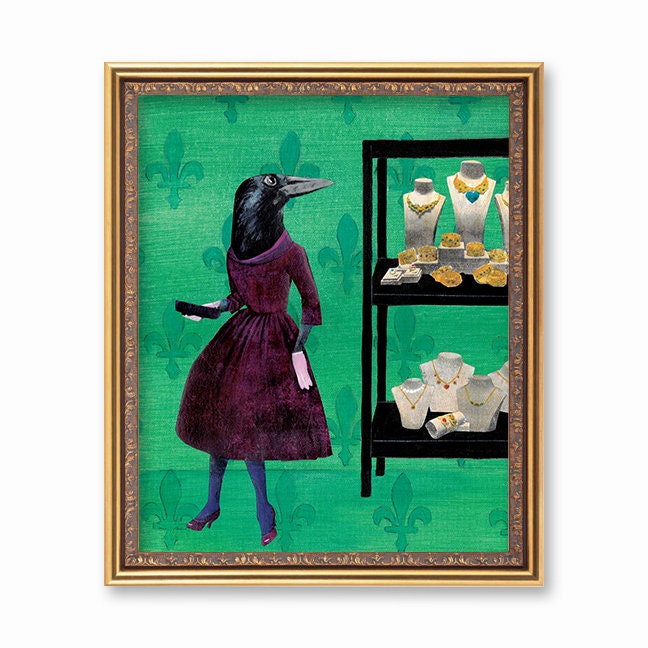Crow Art Print, Vintage Blackbird with Jewels, Kitschy Retro Fashion Housewarming Gift, Weird Art, Kitsch Decor Gifts, Collage Illustration