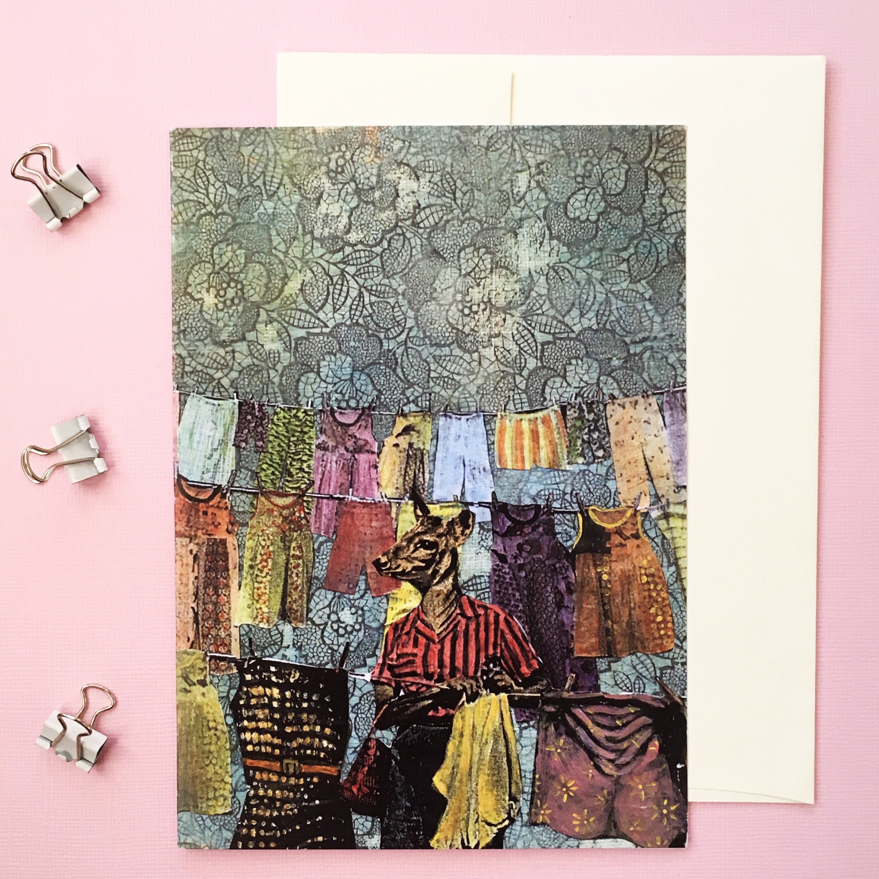 Retro Deer Card, Vintage Laundry Doe Blank Greeting Card, Animal Friendship Stationery, Illustrated Collage, Handmade Weird Art Illustration - Thumbnail 4
