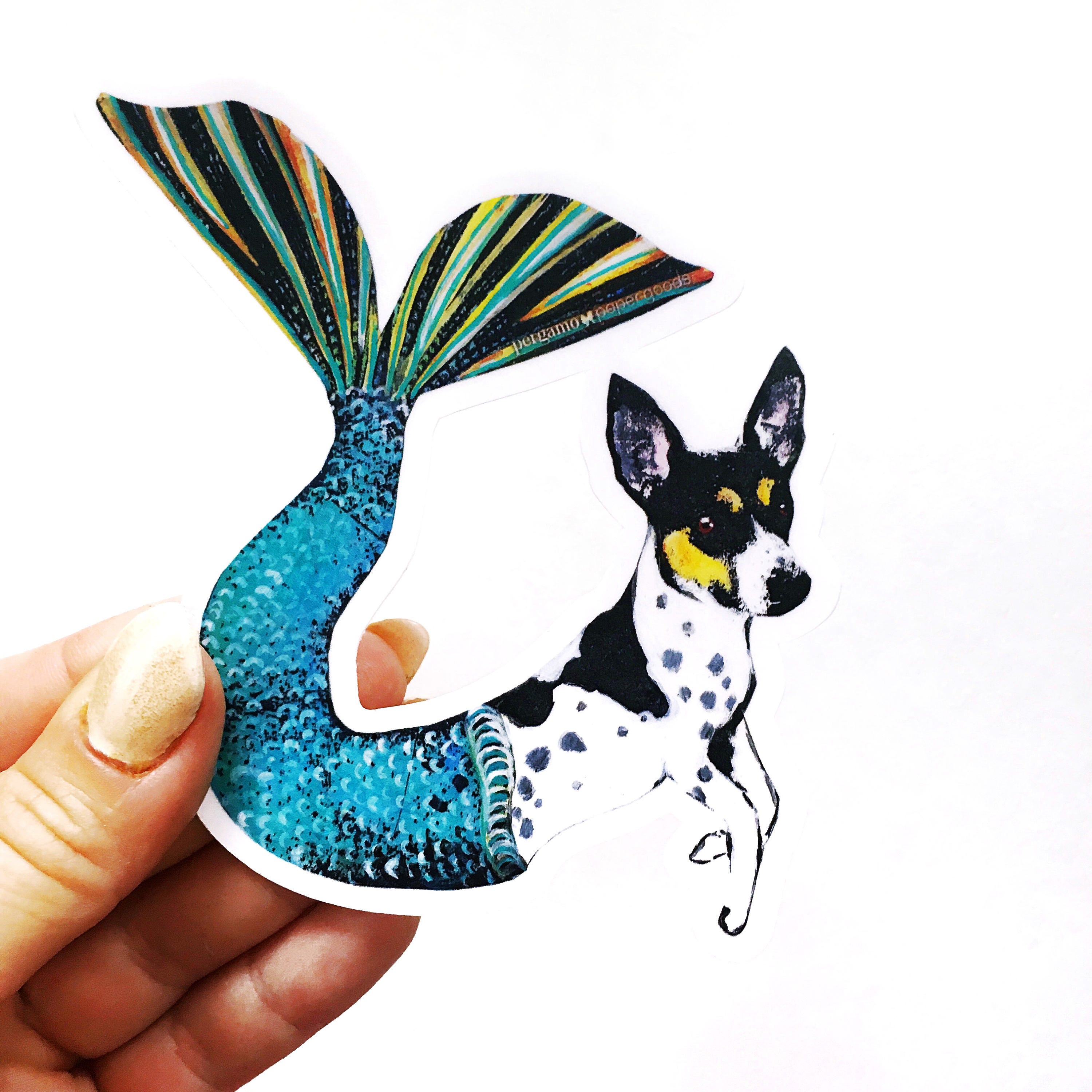 Mermaid Dog Sticker, Vinyl Rat Terrier Stickers, Laptop Decal, Mermaid Decals, Weird Art Jack Russell, Durable Outdoor VSCO Hydroflask Flask - Thumbnail 2