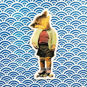 May include: A sticker featuring a fox-headed figure wearing a red and white striped shirt, shorts, and a green jacket, standing on roller skates. The background is a blue and white wave pattern.