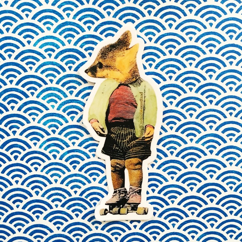 May include: A sticker featuring a fox-headed figure wearing a red and white striped shirt, shorts, and a green jacket, standing on roller skates. The background is a blue and white wave pattern.