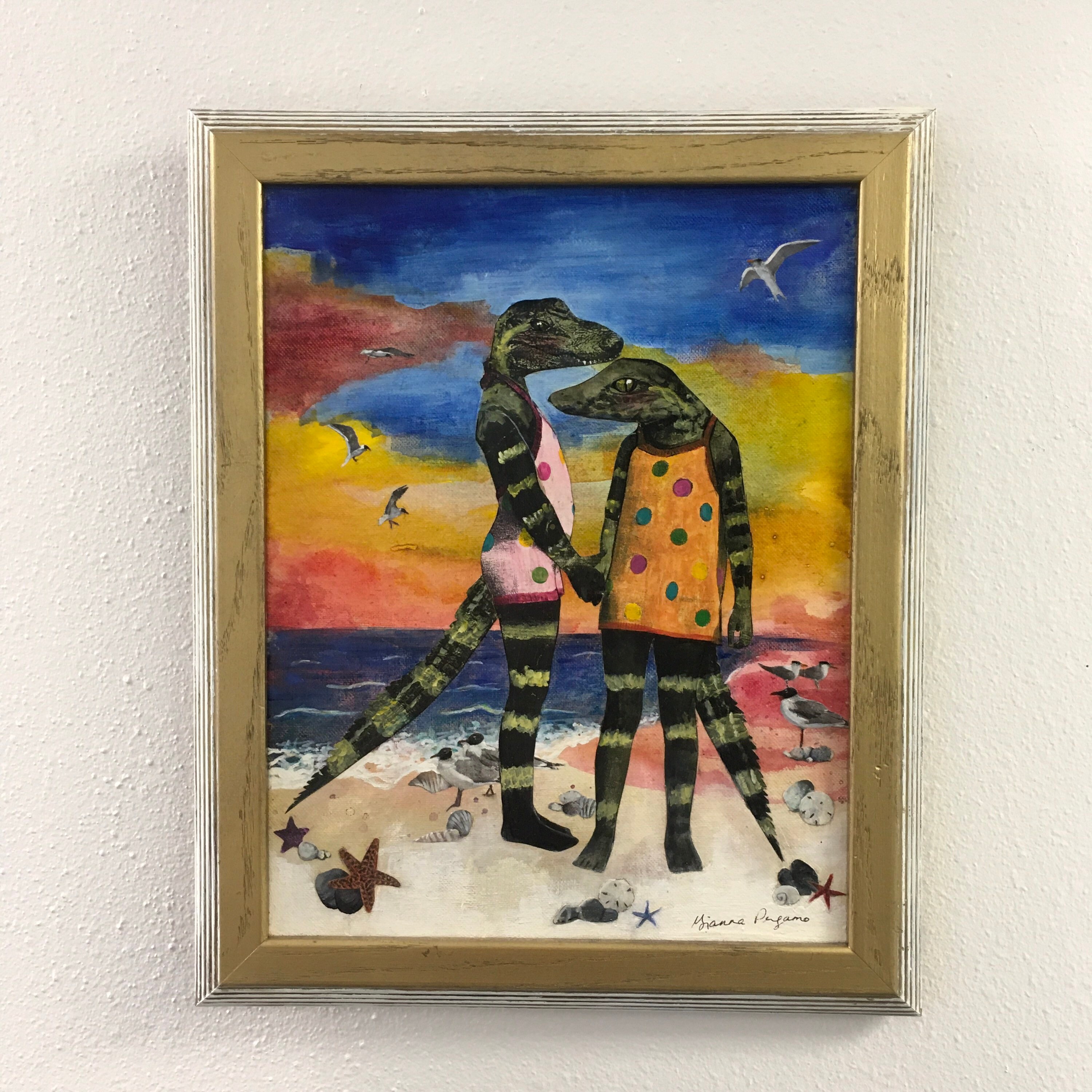Alligator Florida Painting, Original Animal Gift, Collage Wall Art, Mixed Media Animal Art, Vintage Sunset Painting, Weird Art on Canvas