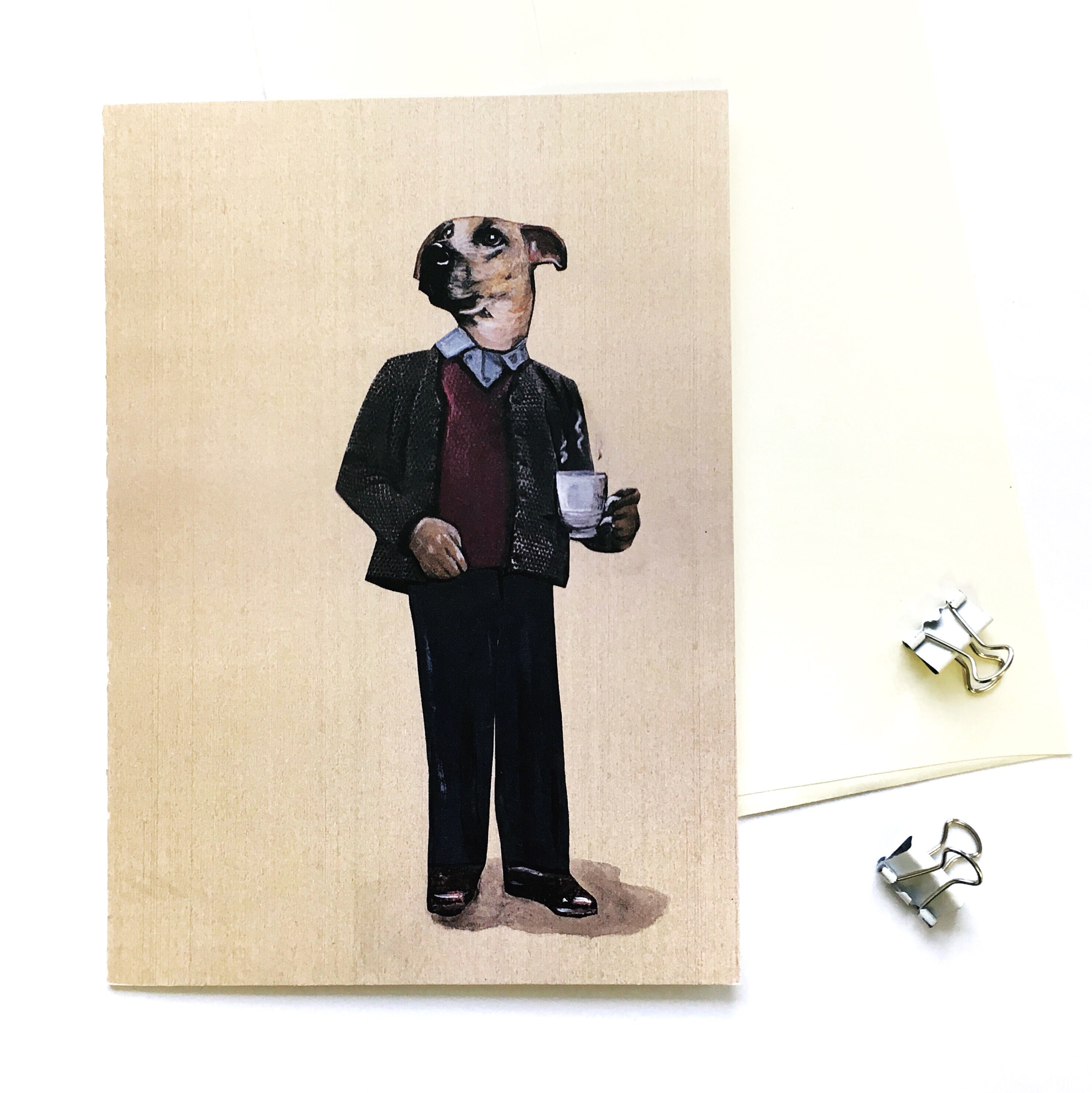 Coffee Dog Card, Retro Dog Dad Card, Coffee Lover Card, Dog Fathers Day Card, Dog Lover, Coffee Wall Art, Dressed Up Animal Art Weird Animal - Image 1