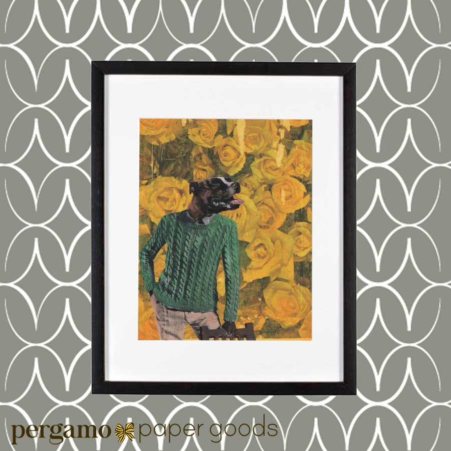 Pitbull Art Print, 8x10 Retro Pitbull Mom Gift, Dressed Up Dapper Sweater Dog, Pit Bull Terrier Pittie Weird Art Vintage Mixed Media Collage - Thumbnail 2