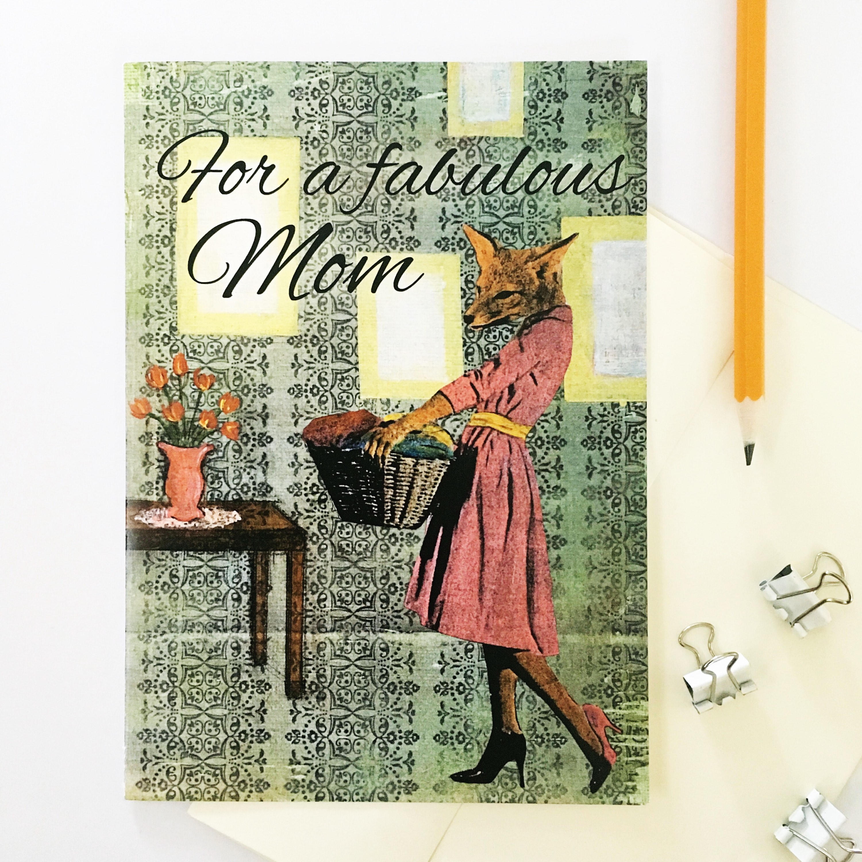 Fox Mom Card, For a Fabulous Mom Greeting Cards, Original Animal Illustration Unique Mother's Day Card, Weird Art Stationery for Mother - Thumbnail 4