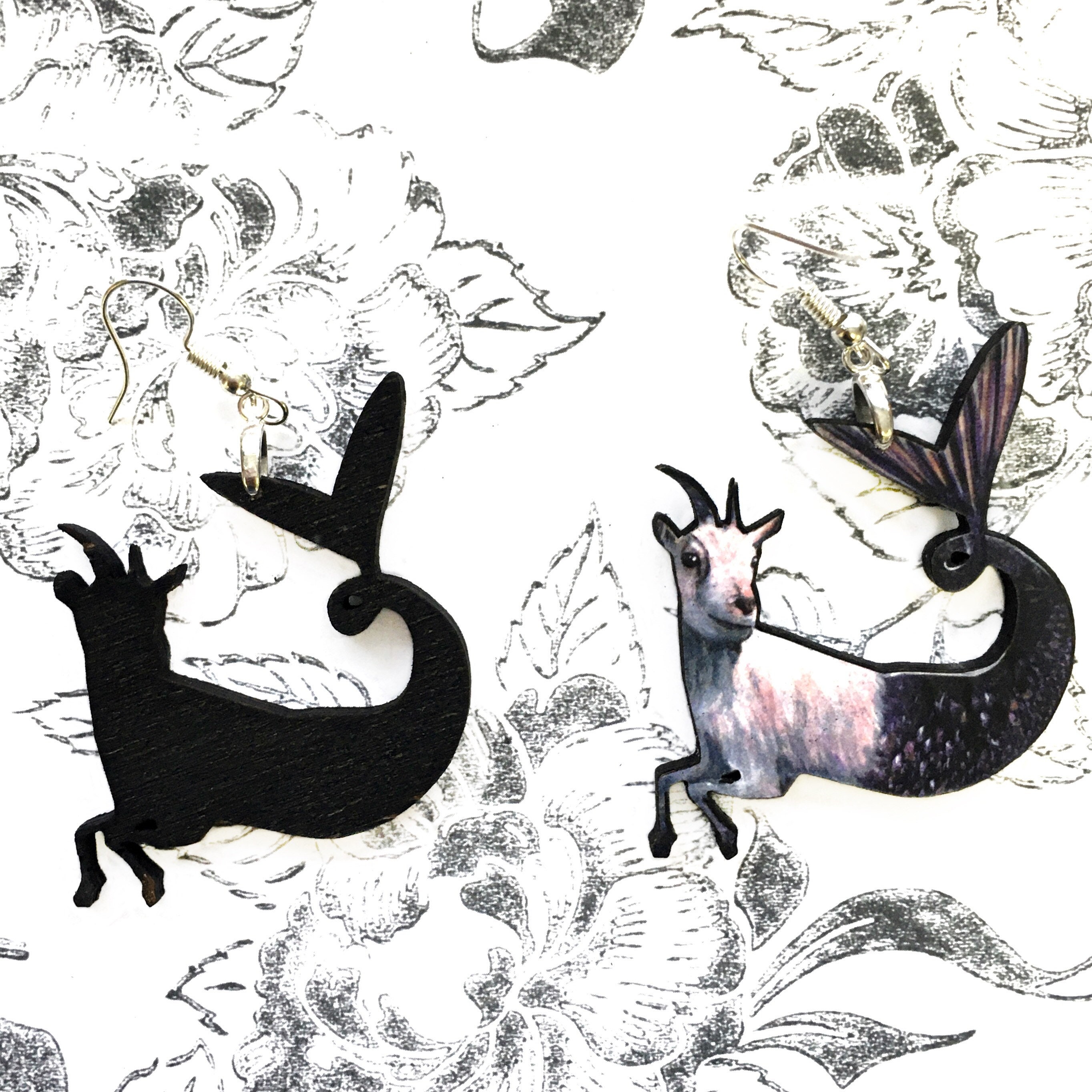 Mermaid Capricorn Earrings, Mermaid Goat Jewelry, Weird Earrings, Kitsch Earrings, Dangle Clip On Earrings, Illustrated Goat Zodiac Jewelry - Thumbnail 4