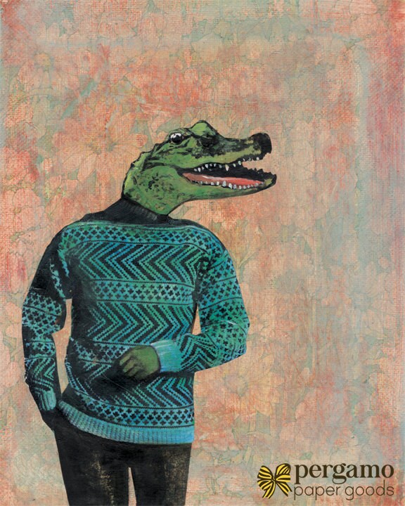 Alligator Art, Weird 8x10 Crocodile Print, Vintage Florida Housewarming Gift, FL Gifts, Dressed Up Animals, Animal Decor for Men Boyfriend - Image 1