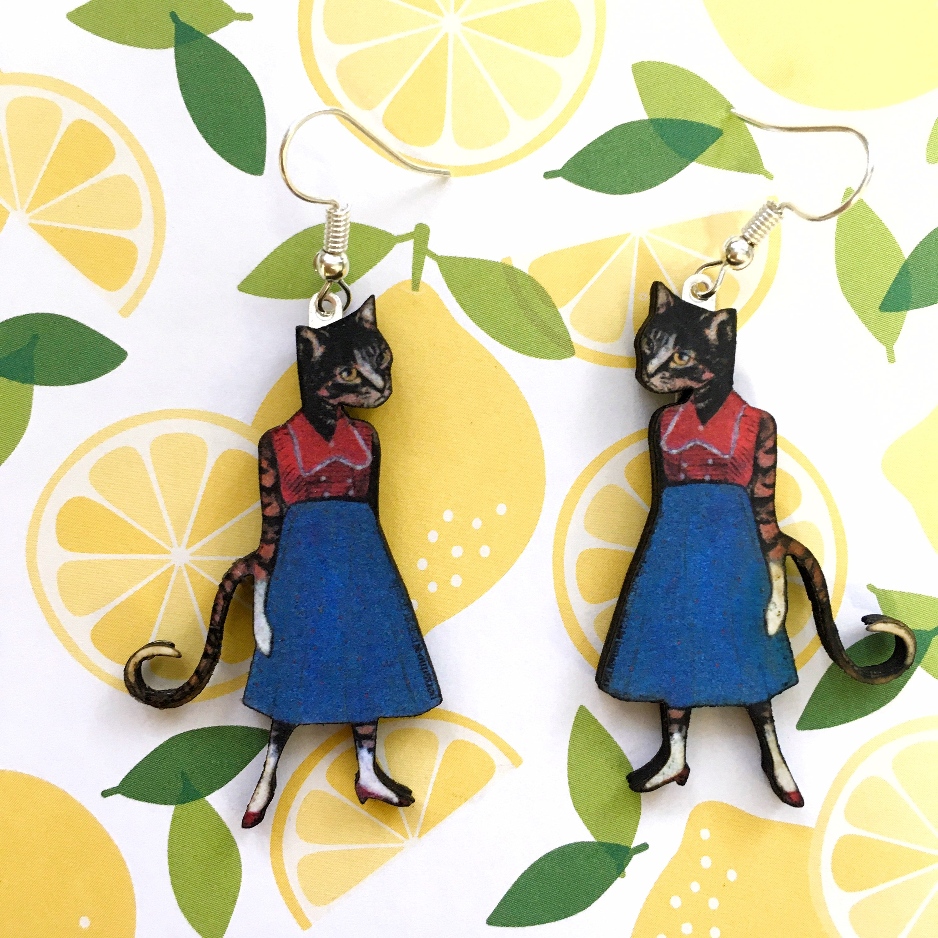 Retro Cat Earrings, Cat Lover Jewelry, Weird Earrings Kitty Dangle Earrings, Illustrated Dressed Up Cats Clip On Ons