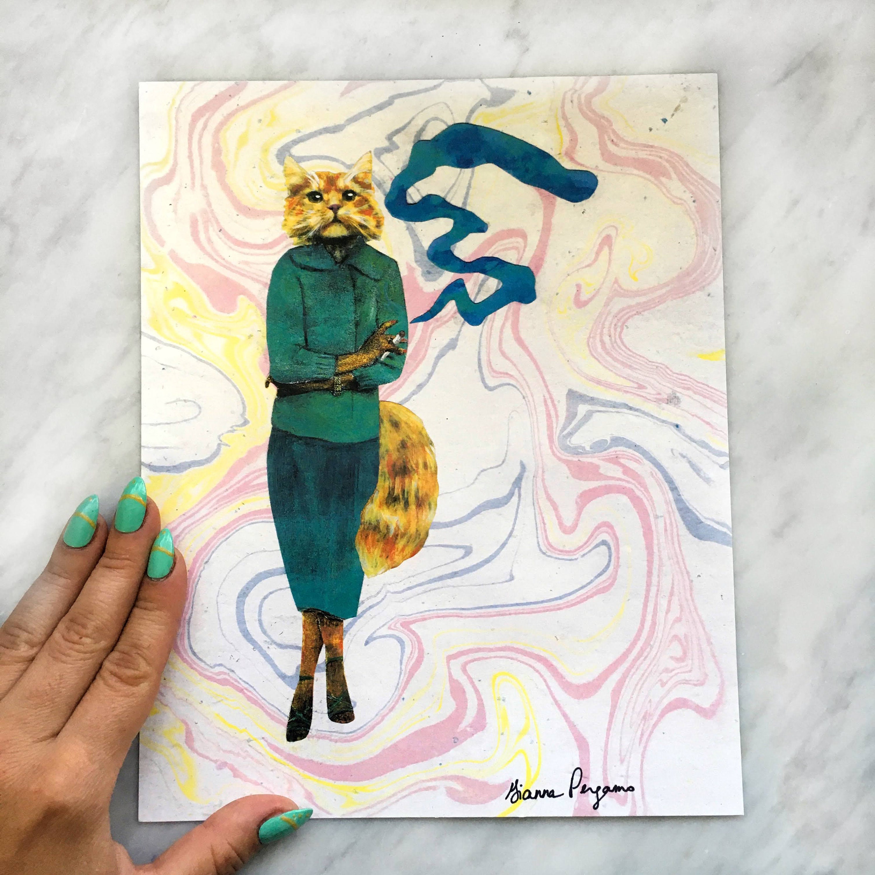 Cannabis Art Print, 8x10" Weird Cat Art, Maximalist Home Decor Poster, Bathroom Art, 420 Friendly Cat Weed Cat, Crazy Cat Lady Decor Ganja - Thumbnail 2