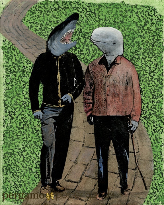 Ocean Art Print, 8x10 Shark & Beluga Wall Art Weird, Anthropomorphic Shark, Strange Whale Ocean Decor, Unique Aquarium Decor Friends Men - Thumbnail 2