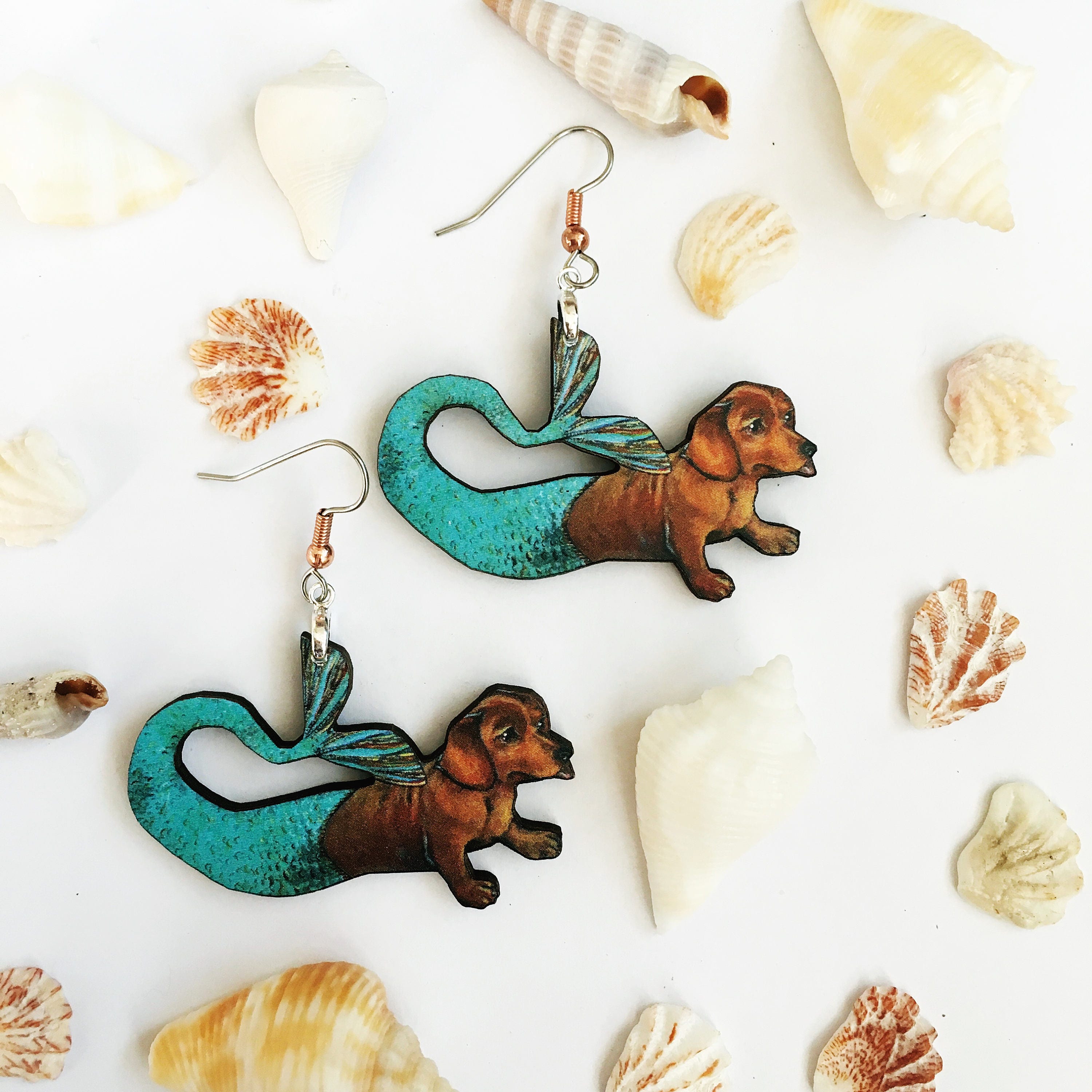 Dachshund Mermaid Earrings, Kitsch Earrings, Weird Earrings, Dog Earrings, Laser Cut Wood Florida Jewelry, Surgical Steel