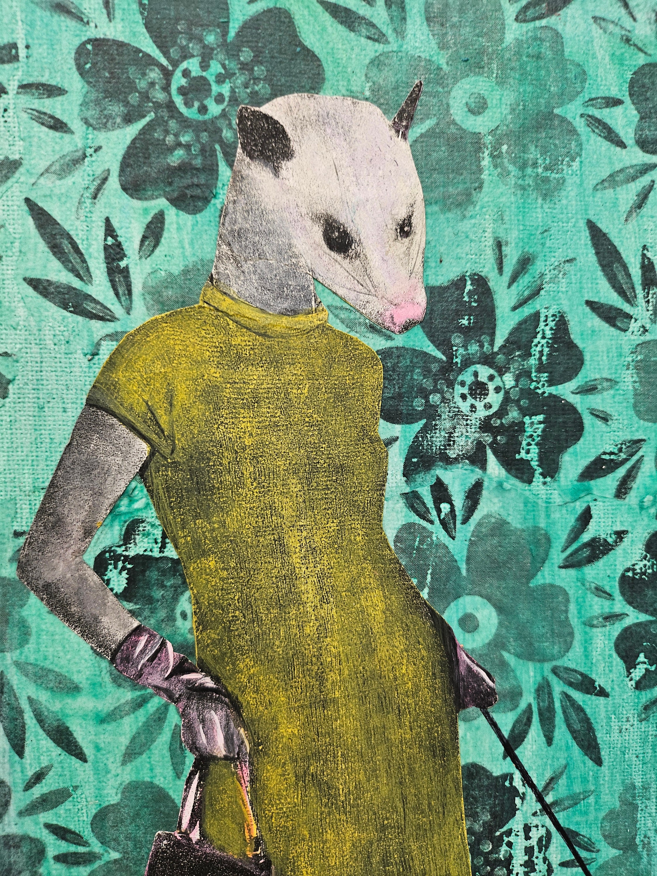 Possum Painting, Original Animal Gift, Collage Wall Art, Mixed Media Animal Art, Vintage Painting, Weird Art on Canvas, Marsupial Funny Tick - Thumbnail 2