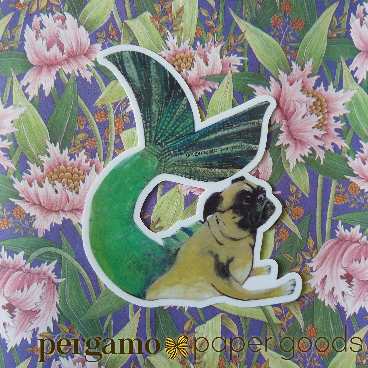 Mermaid Pug Sticker, Dog Mermaid Stickers, Laptop VSCO Vinyl Decals, Outdoor Car Phone, Fantasy Veterinarian Puggle Mom Decal Macbook Flask - Thumbnail 2