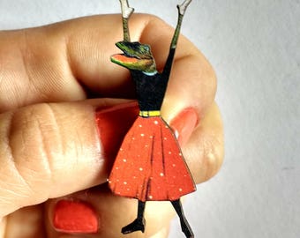 Alligator Lapel Pin, Alligator Brooch, Laser Cut Wood Florida Jewelry, Illustrated Dressed Up FL Gators, Weird Art Miami Gainesville Tampa