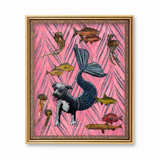 Pitbull Art Print, 8x10" Weird Surreal Mermaid Dog Gift Bathroom Art, Adopt Don't Shop, American Pit Bull Terrier Gifts, Rescue Pitbull Mom