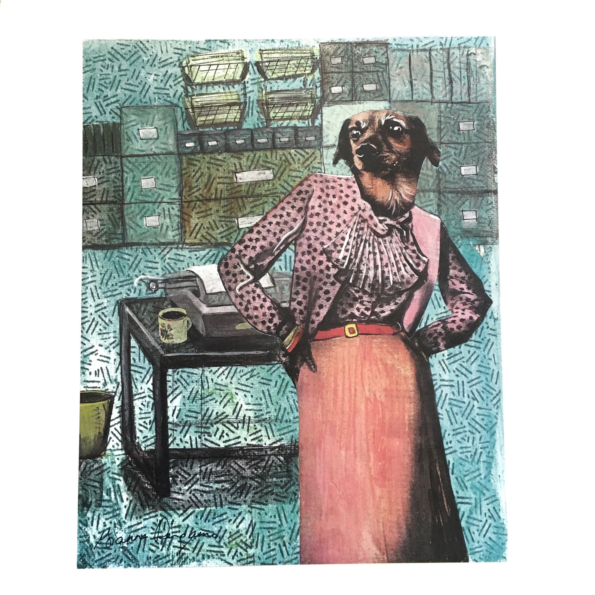 Dog Art Print, Weird Art, 8x10" Boss Lady Gift, Vintage Wall Art, Retro Office Decor, Mixed Media Dog Lover Art Dog Mom Gifts Animal Rescue - Thumbnail 3