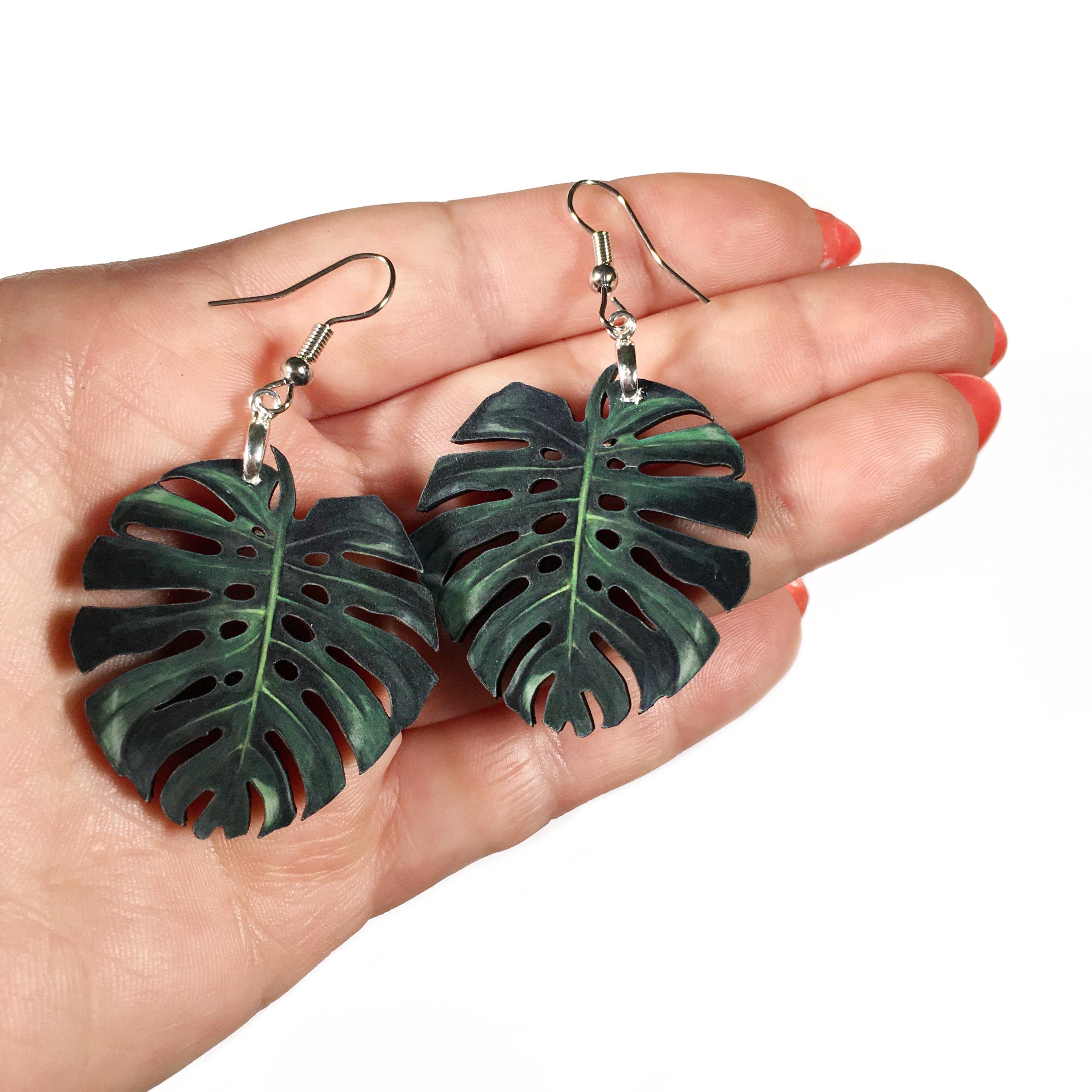 Monstera Earrings, Lightweight Wood Plant Jewelry, Surgical Steel Dangle Clip On Illustrated Tropical Tampa Florida Miami Jungle - Thumbnail 3