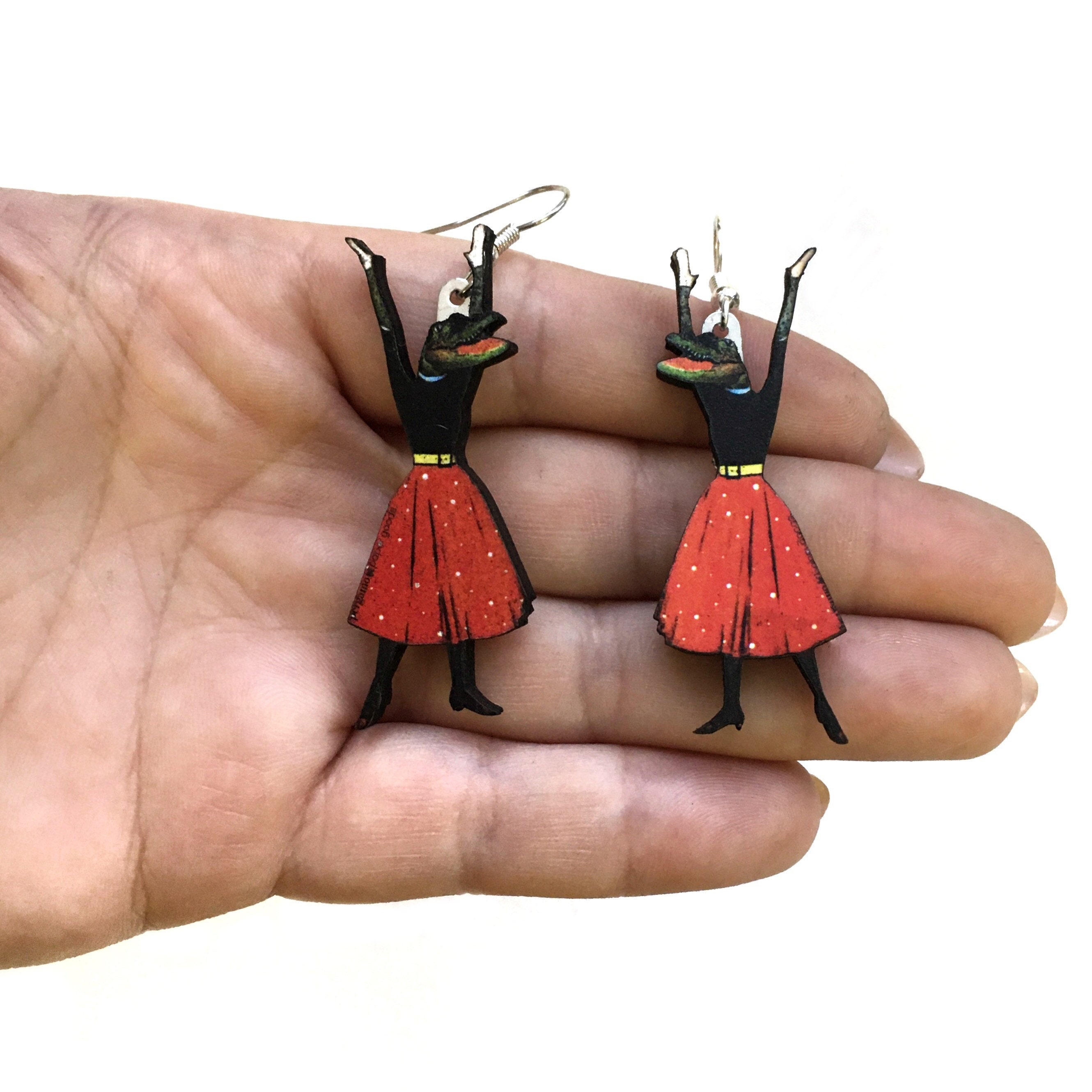 Alligator Earrings, Weird Lightweight Wood Florida Jewelry, Surgical Steel Dangle Clip On Illustrated Dressed Up Crocodile Animal Tampa FL - Thumbnail 2