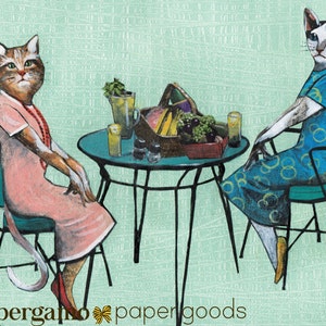 Carte de chat de fantaisie, cartes de voeux de chats rétro, papeterie d’amitié d’art bizarre, chats lesbiennes, cru rectifié vers le haut des animaux Dapper LGBTQ LGBT Queer
