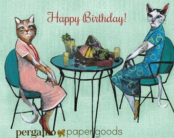 Birthday Cat Card, Unique Friendship Cards, Retro Cat Lover Picnic, Weird Best Friends, Lesbian LGBTQ Friendly Greeting Queer Bisexual Gifts