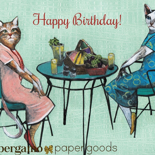 Birthday Cat Card, Unique Friendship Cards, Retro Cat Lover Picnic, Weird Best Friends, Lesbian LGBTQ Friendly Greeting Queer Bisexual Gifts