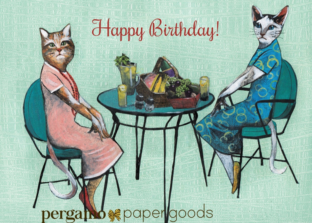 Birthday Cat Card, Unique Friendship Cards, Retro Cat Lover Picnic, Weird Best Friends, Lesbian LGBTQ Friendly Greeting Queer Bisexual Gifts