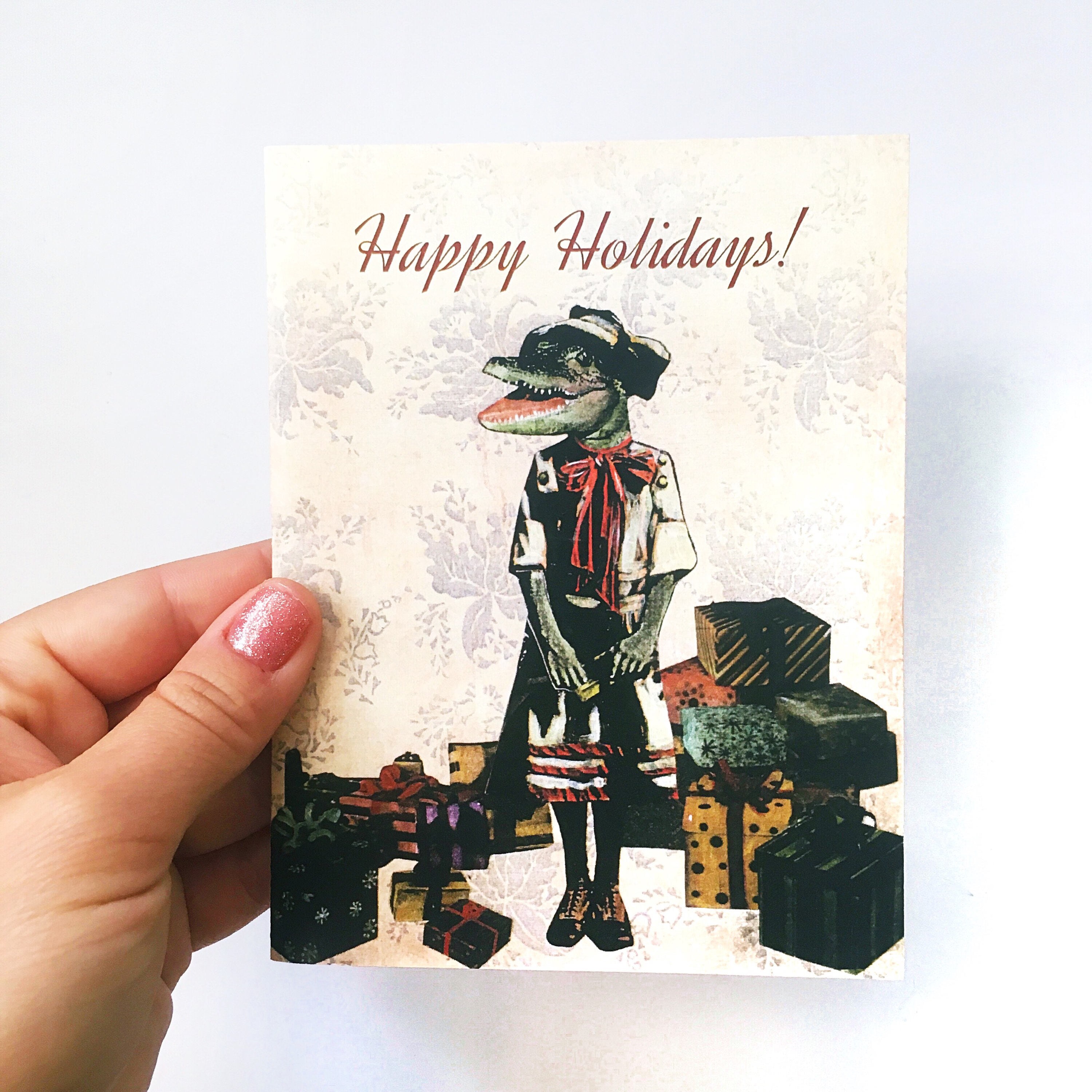 Alligator Holiday Card or Holiday Card Set, Vintage Christmas Holiday Party, Florida Christmas Card, Weird Holiday Stationery Set, Crocodile - Thumbnail 2