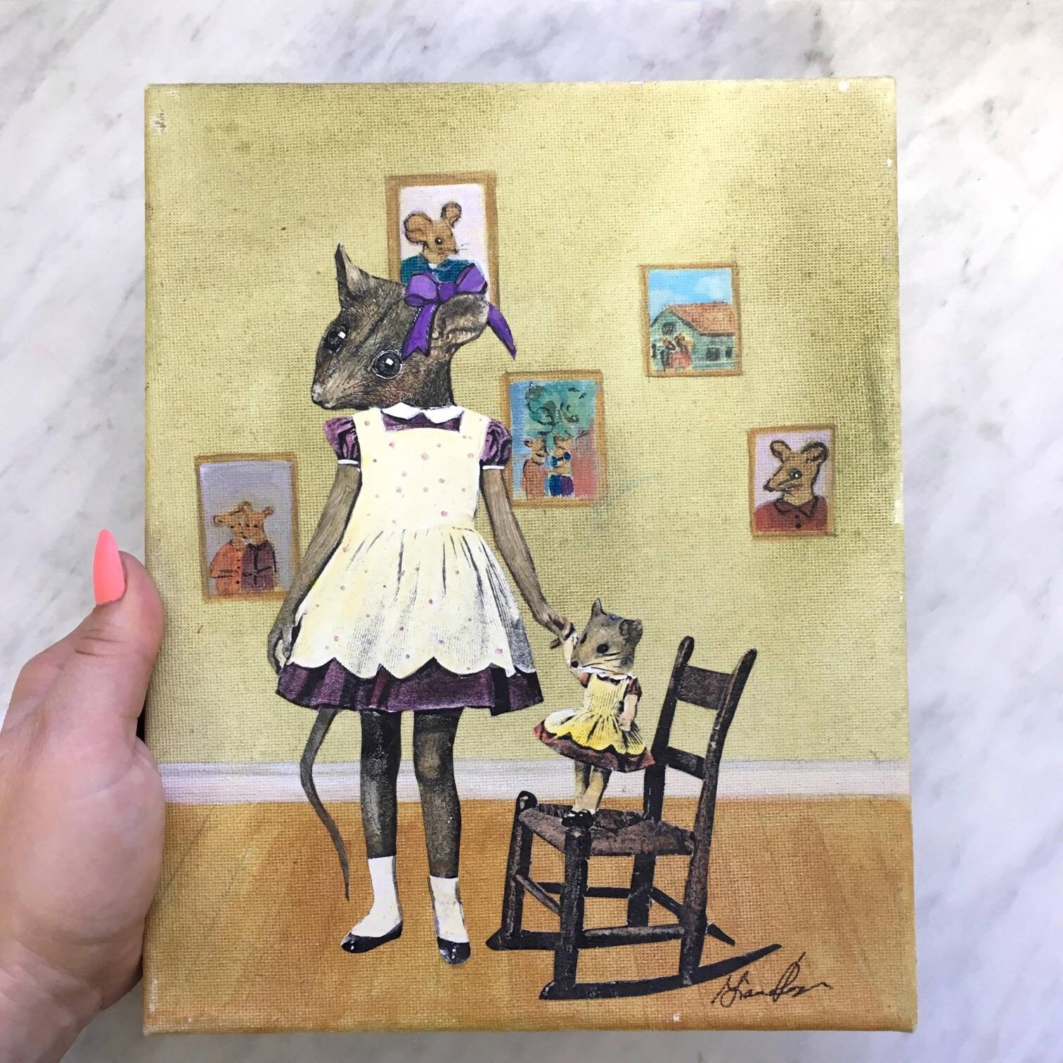 Weird Original Art, Rodent with Doll Mixed Media Painting, Strange and Unusual Collage, Kitschy Cute Vintage Inspired Decor, Kitsch Retro - Thumbnail 5